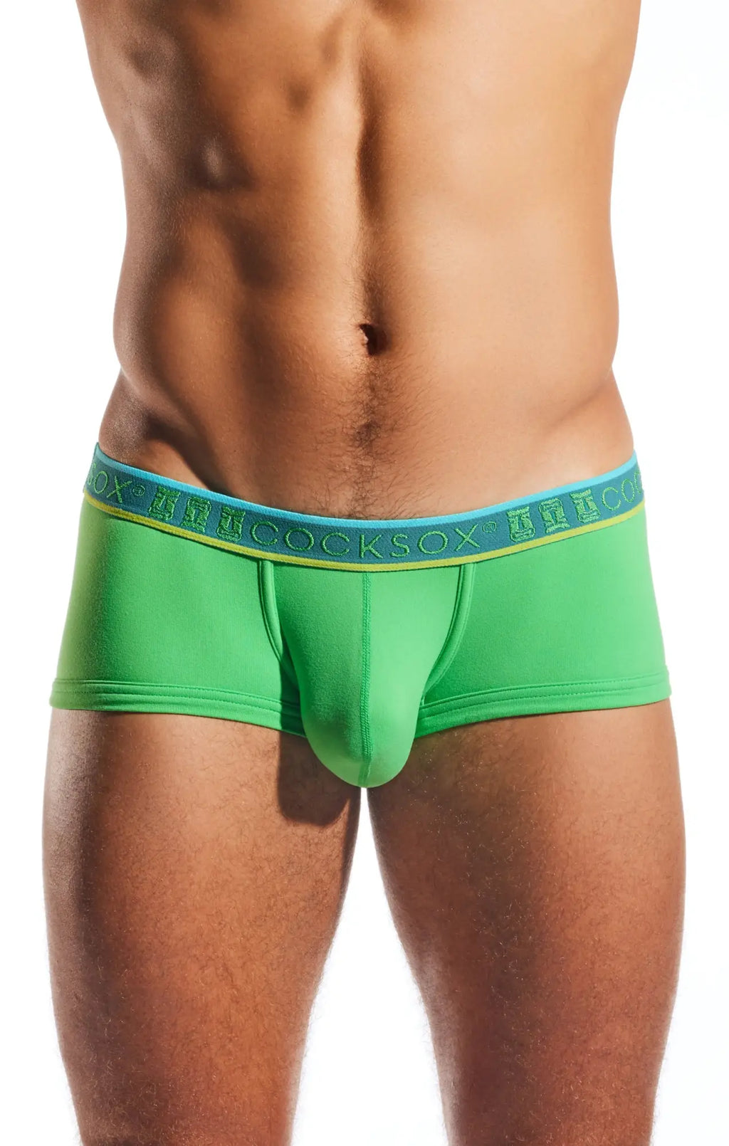 Cocksox cx68n trunk bright green men’s briefs with blue waistband featuring white cocksox brand name