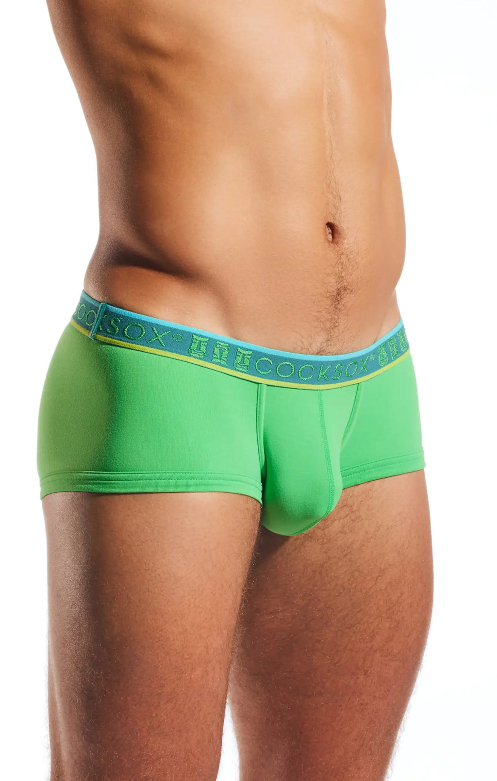 Bright green cocksox cx68n trunk men’s briefs with light blue elastic waistband and repeating brand name detailing
