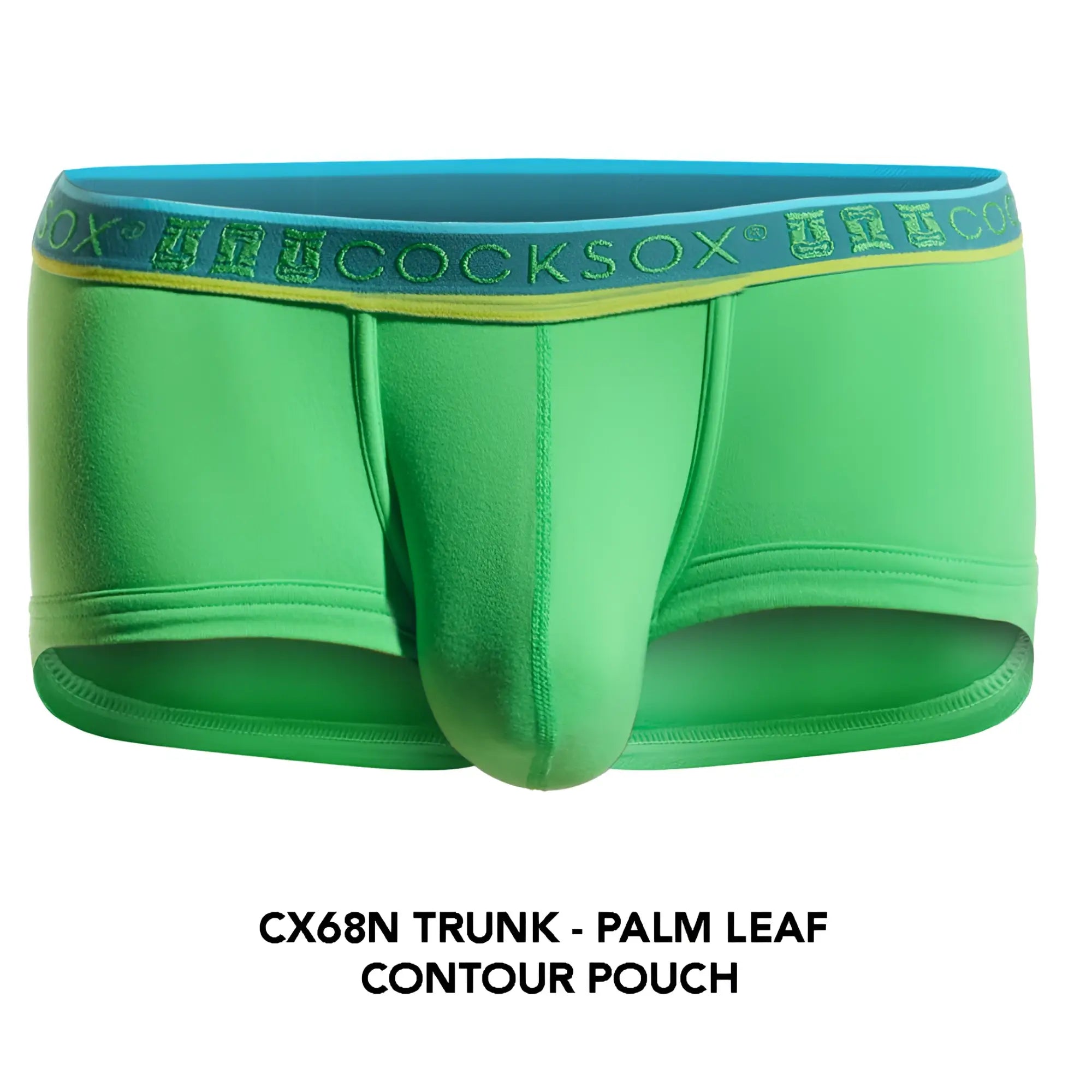 Bright green mens trunk with teal waistband and yellow cocksox branding cocksox cx68n trunk