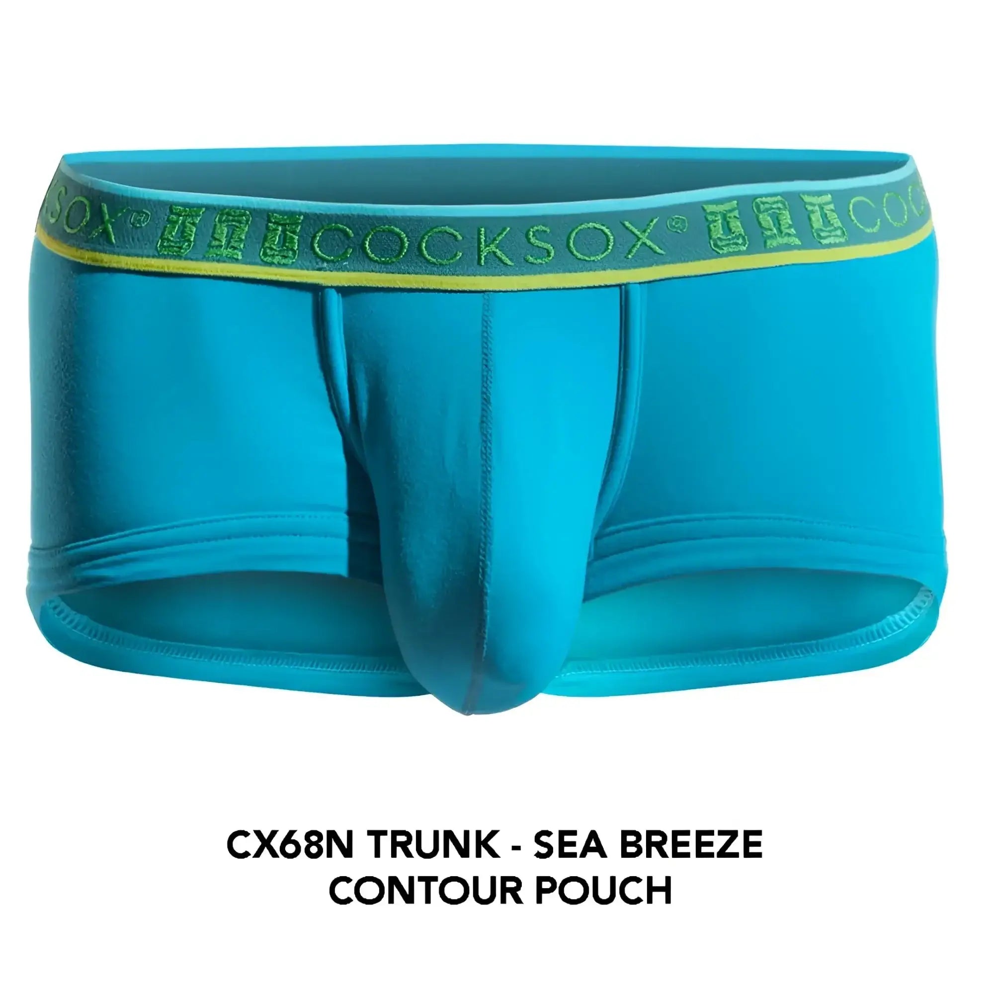 Bright turquoise blue men’s underwear trunk with yellow green branded waistband featuring cocksox logo pattern