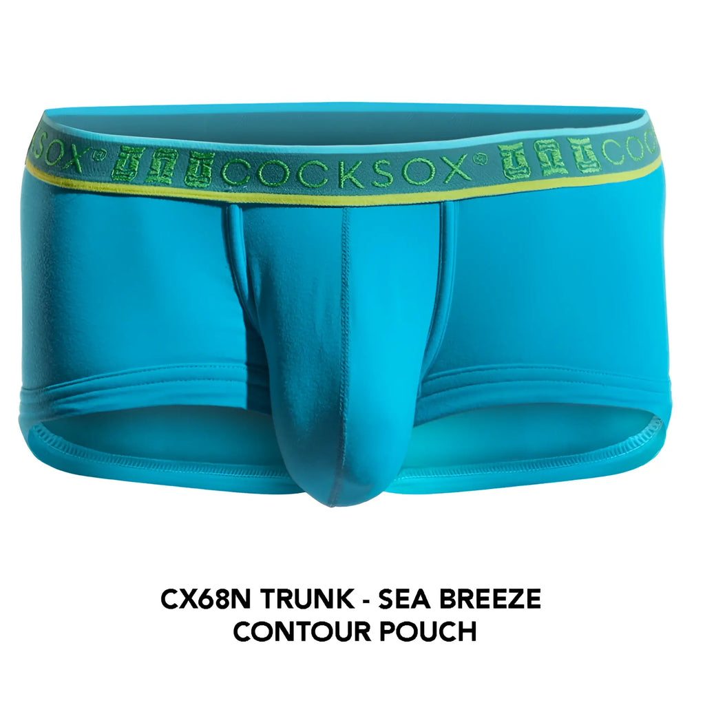 Bright turquoise blue men’s underwear trunk with yellow green branded waistband featuring cocksox logo pattern