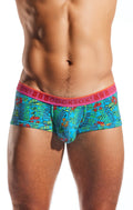 Bright turquoise tropical patterned men’s briefs with pink waistband featuring the sexy heecocksox brand name