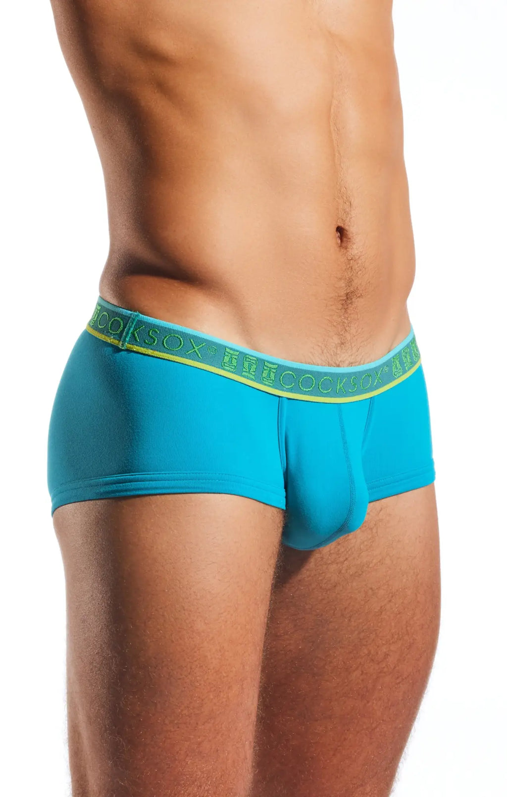 Turquoise blue men’s briefs with lime green elastic waistband featuring cocky branding cocksox cx68n trunk