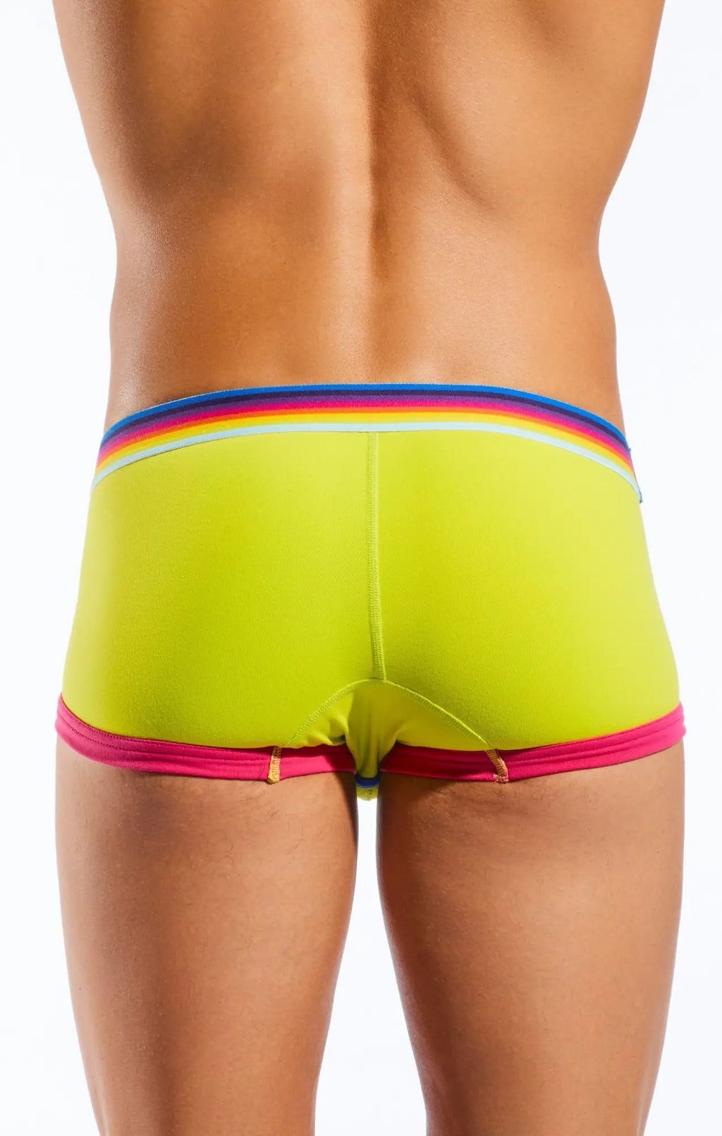Vibrant lime green Cocksox cx68n trunk briefs with rainbow-striped waistband and pink trim