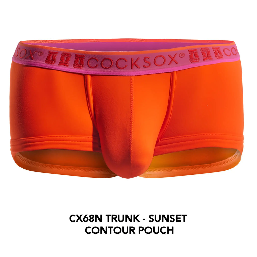 Vibrant orange men’s Cocksox CX68N trunk with a contrasting pink waistband and matching logo lettering