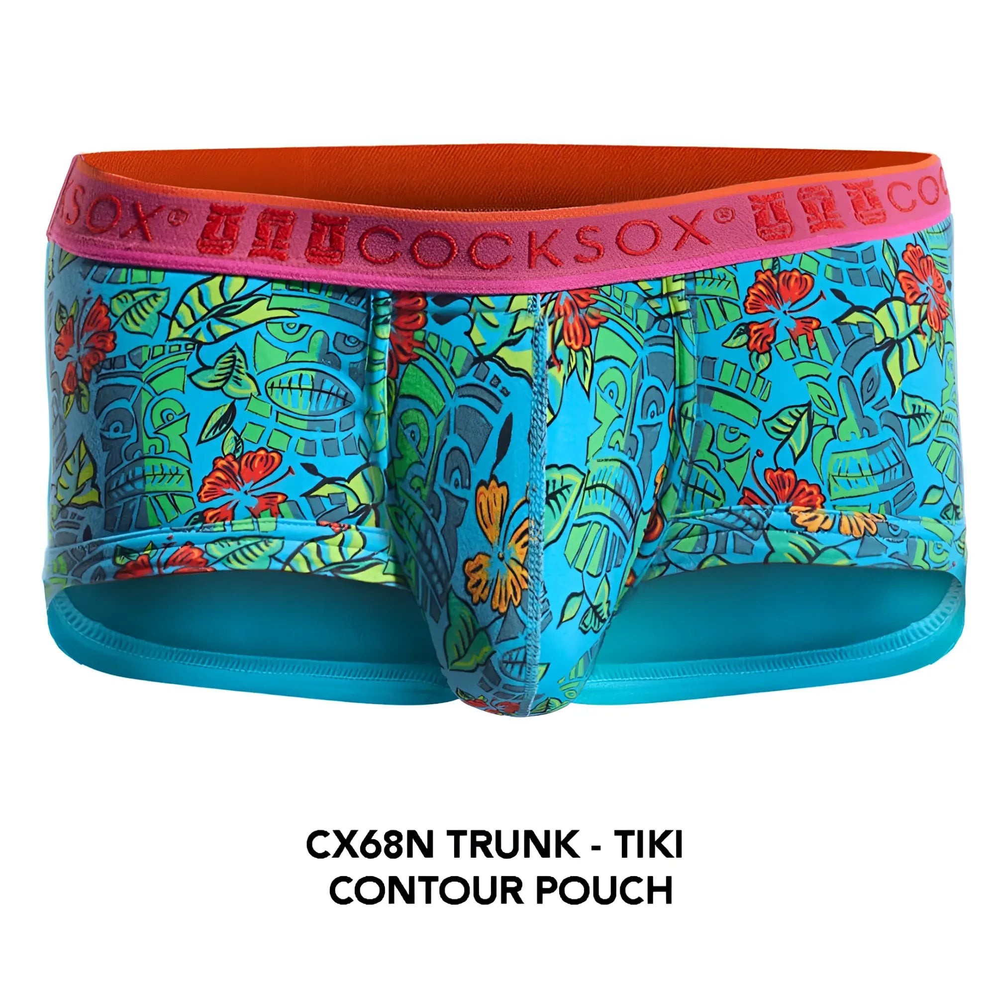 Vibrant turquoise cocksox cx68n men’s trunk with bold tropical tiki floral pattern pink waistband orange lining teal trim
