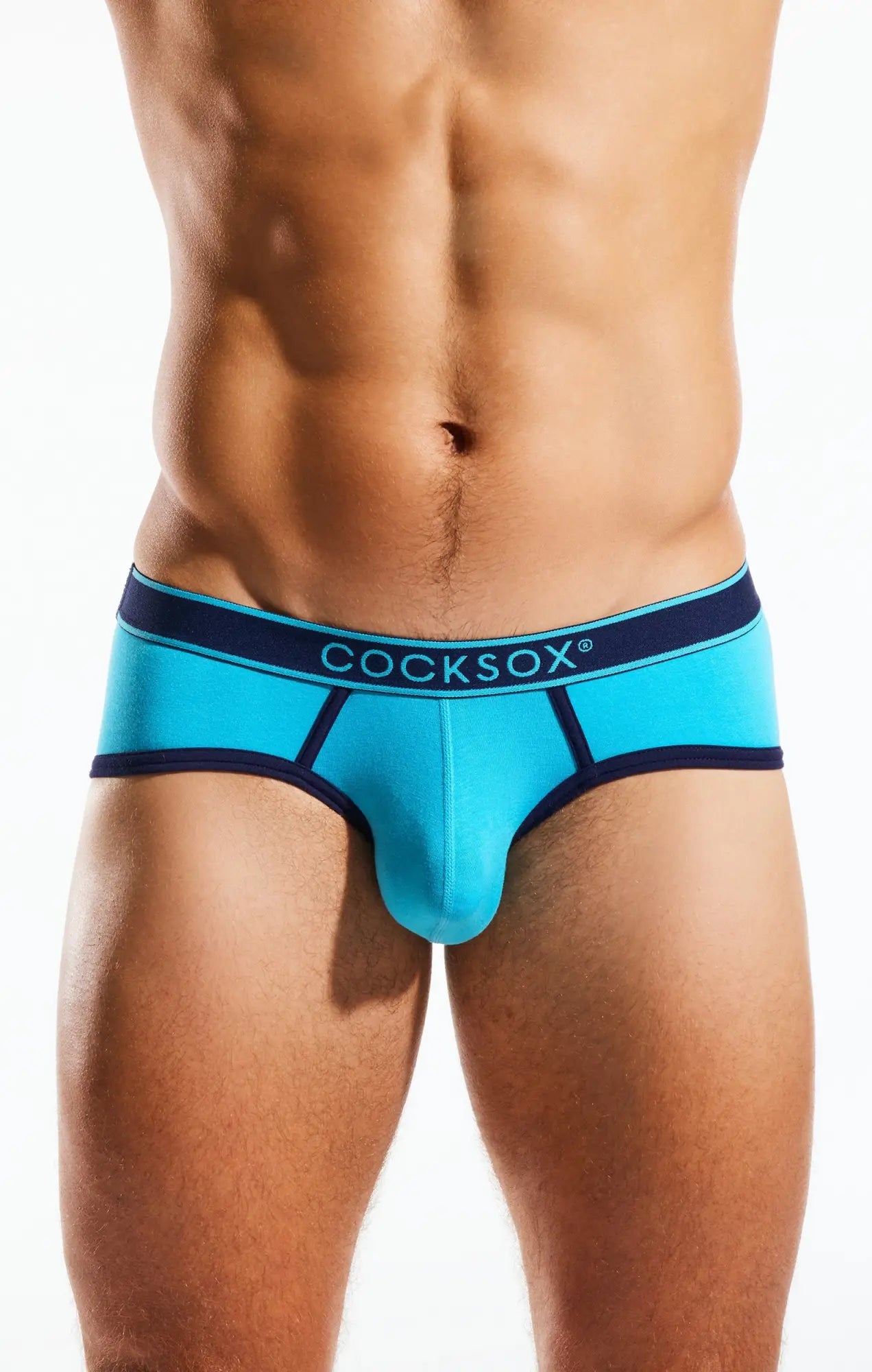 Cocksox cx76bb sports brief in turquoise and navy blue with contoured design for comfortable support