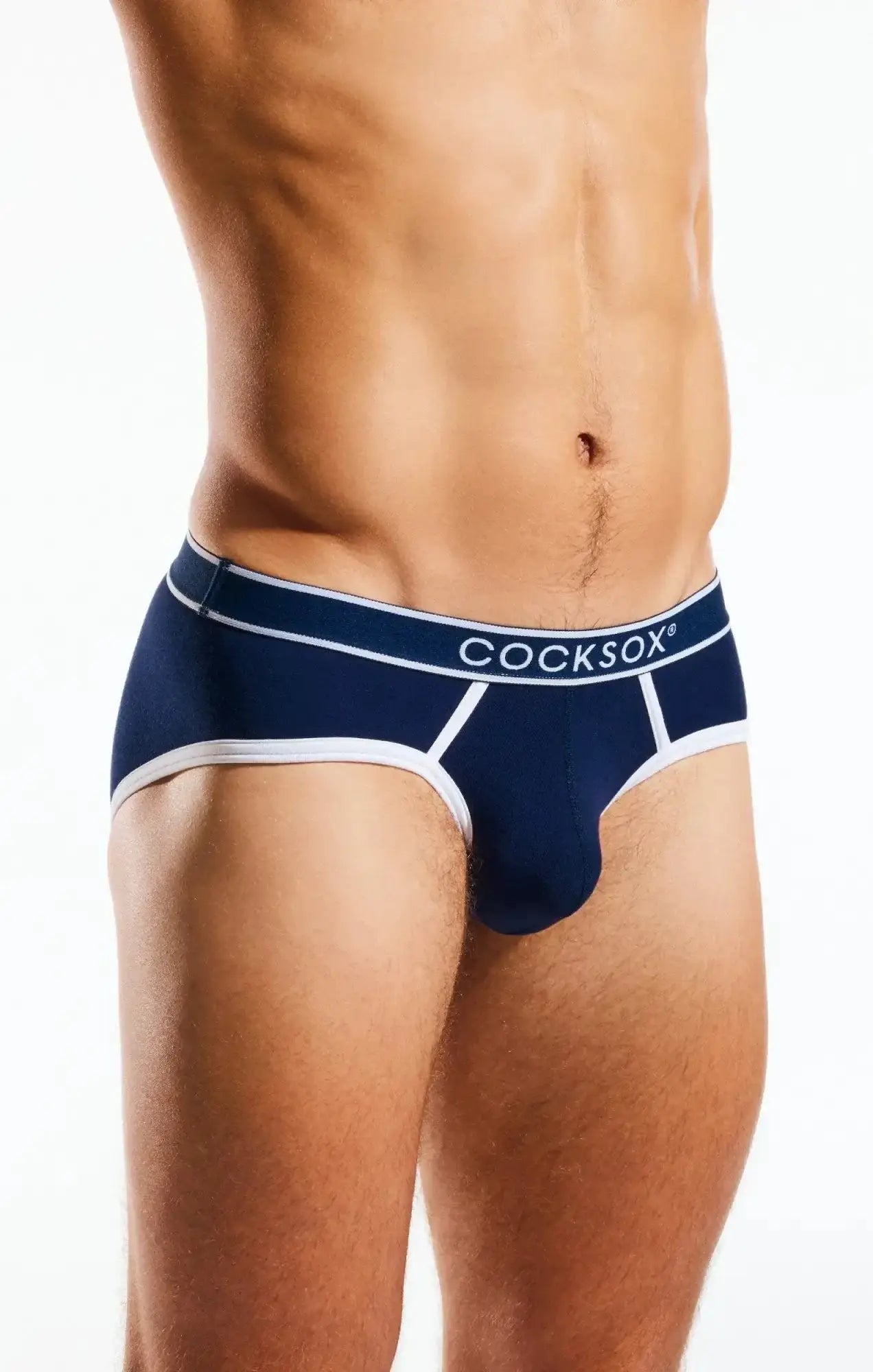 Navy blue cocksox men’s briefs with white trim and branded waistband in the sports brief style cx76bb
