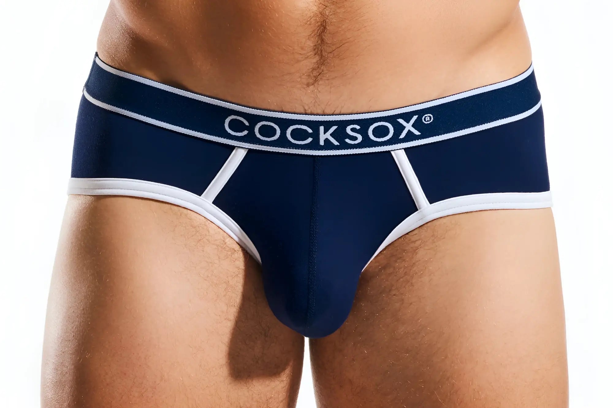 Navy blue Cocksox CX76BB sports briefs with white trim and branding designed for men’s comfortable support