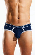 Navy blue cocksox cx76bb sports briefs with white trim and branded waistband designed for comfort and support