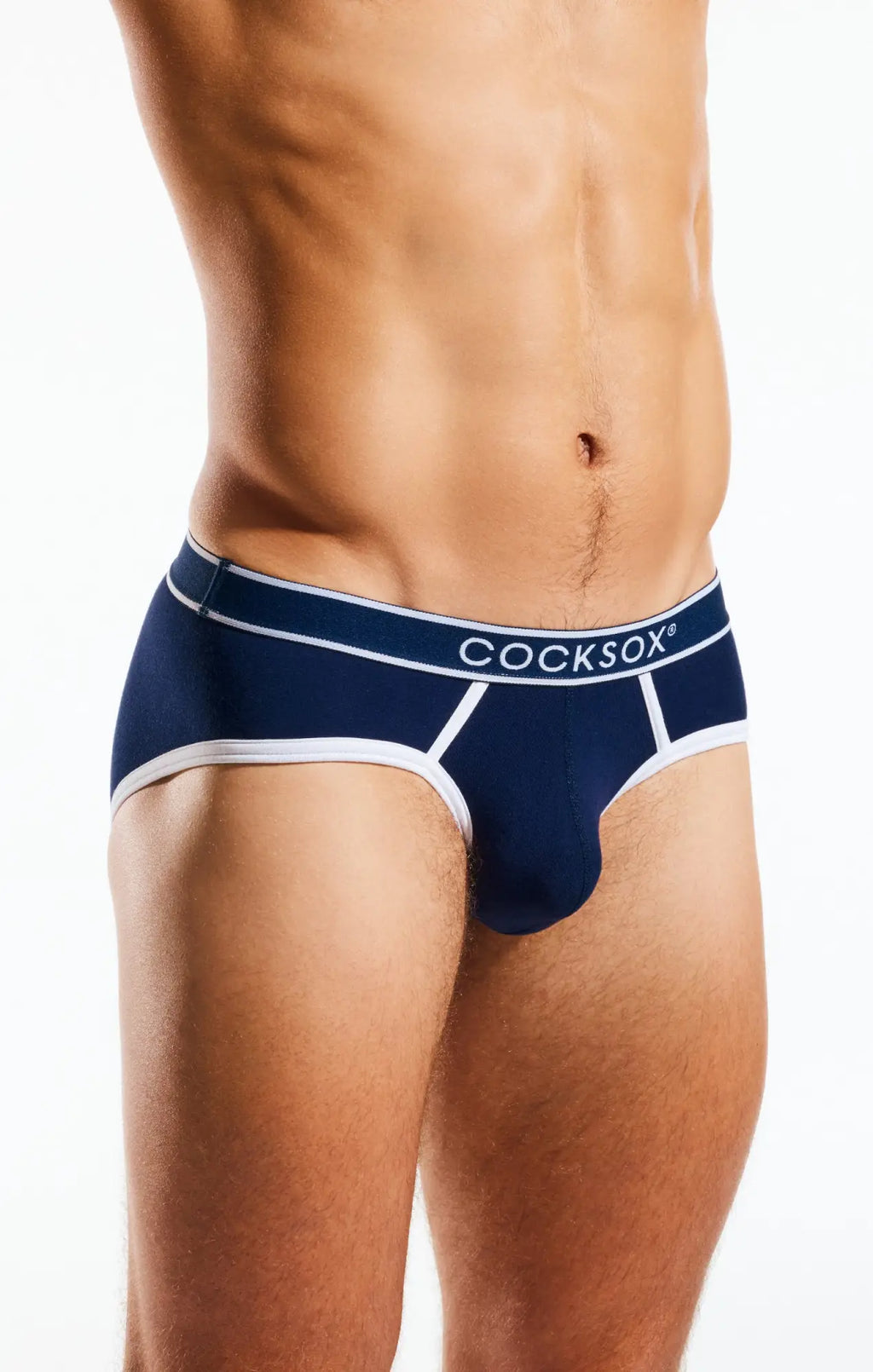 Navy blue cocksox men’s briefs with white trim and branded waistband in the sports brief style cx76bb