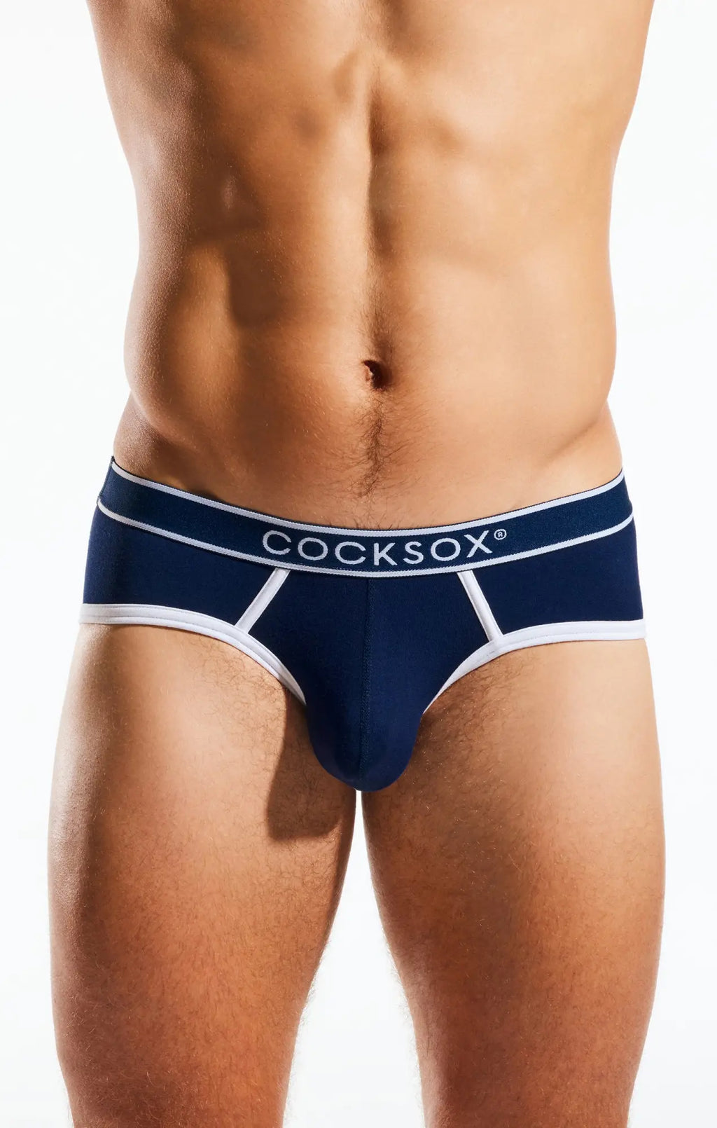 Navy blue cocksox cx76bb sports briefs with white trim and branded waistband designed for comfort and support