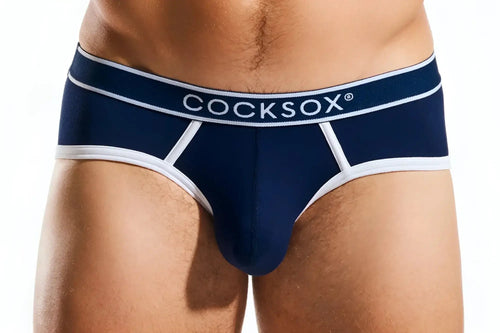 Navy blue Cocksox CX76BB sports briefs with white trim and branding designed for men’s comfortable support
