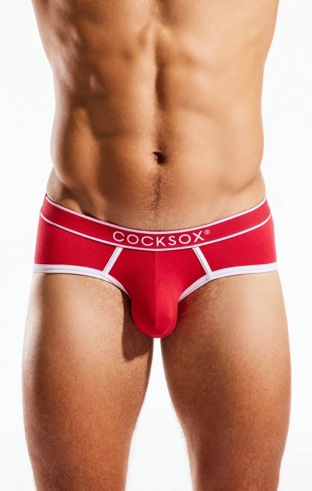 Red cocksox cx76bb sports briefs in breathable fabric with white trim and branding for active men