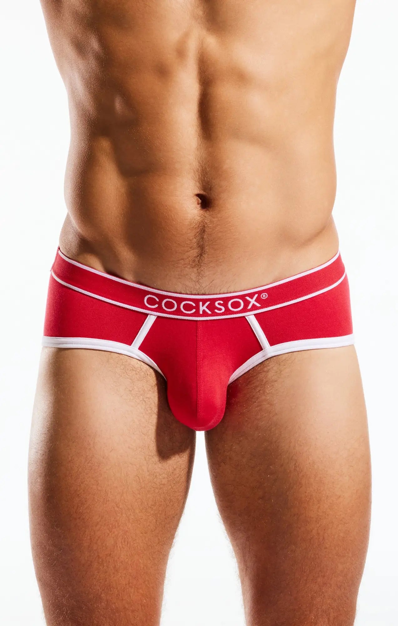Red cocksox cx76bb sports briefs in breathable fabric with white trim and branding for active men