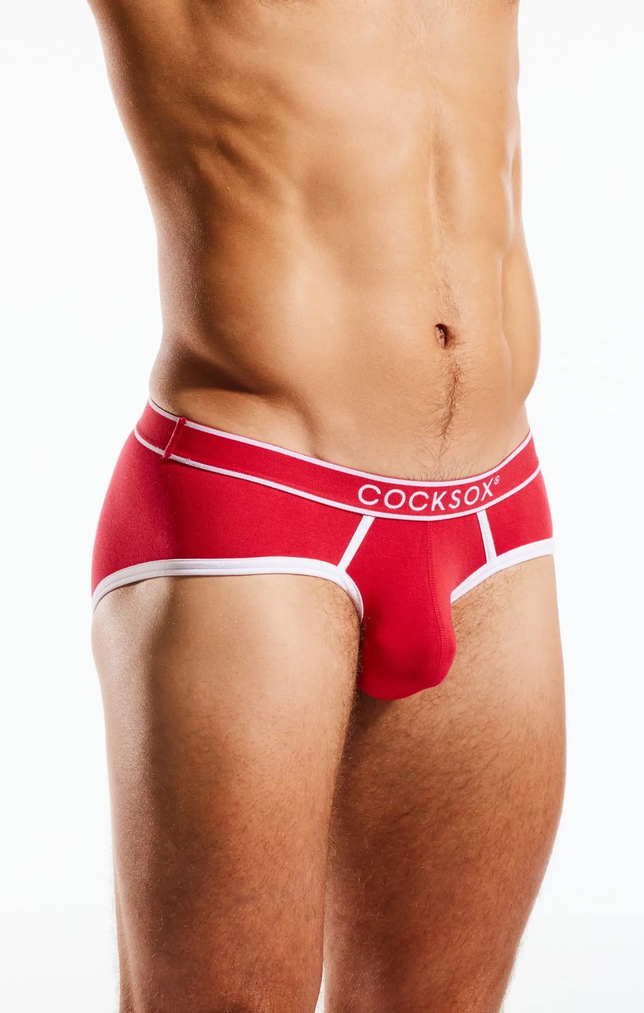 Red cocksox cx76bb sports brief in red with white trim and branding designed for athletic support and comfort