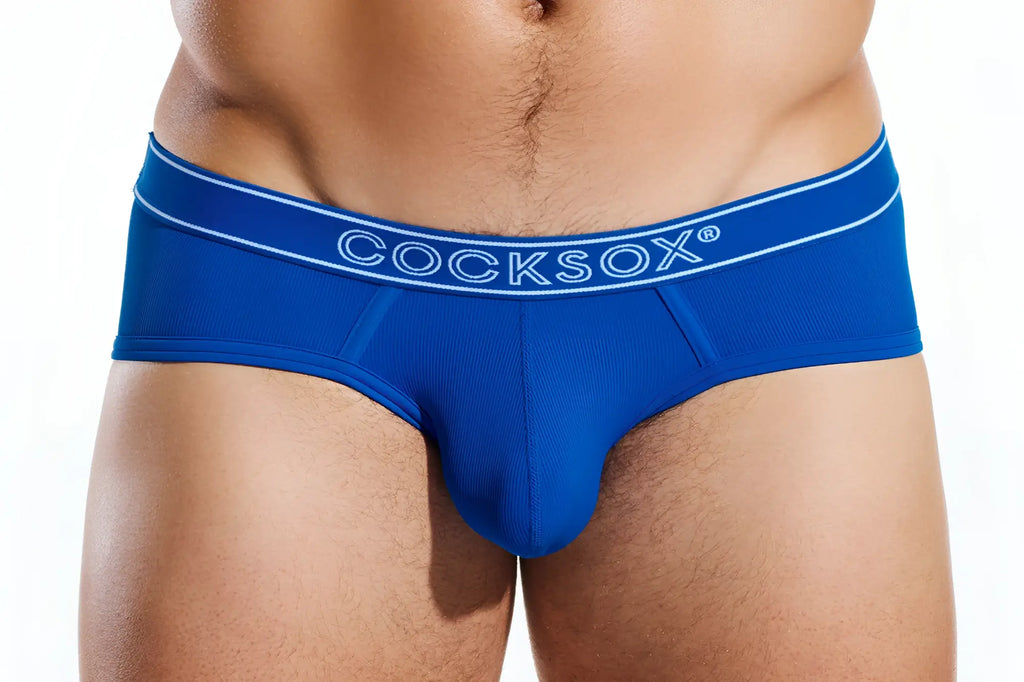 Blue cocksox men’s sports briefs with white trim and logo offering supportive and comfortable fit