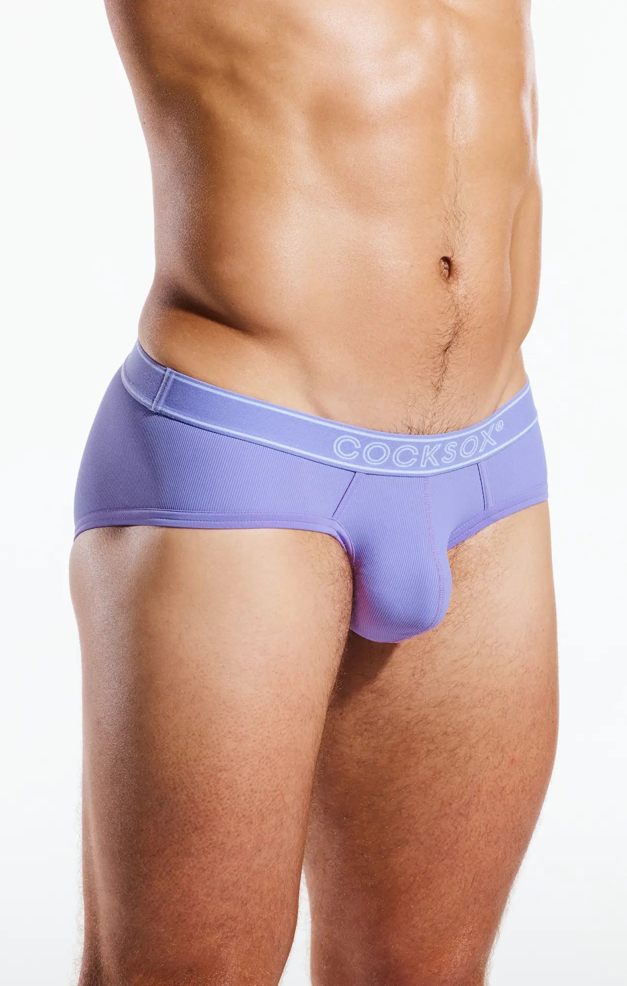 Purple cocksox cx76br sports brief underwear with textured fabric and white logo waistband for men