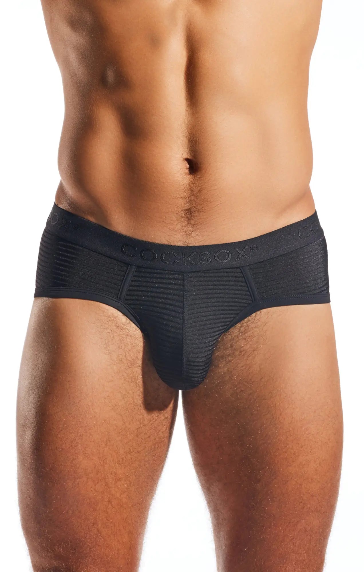 Black mens briefs with ribbed texture and corksox embroidered waistband cocksox cx76lux semi sheer sports brief