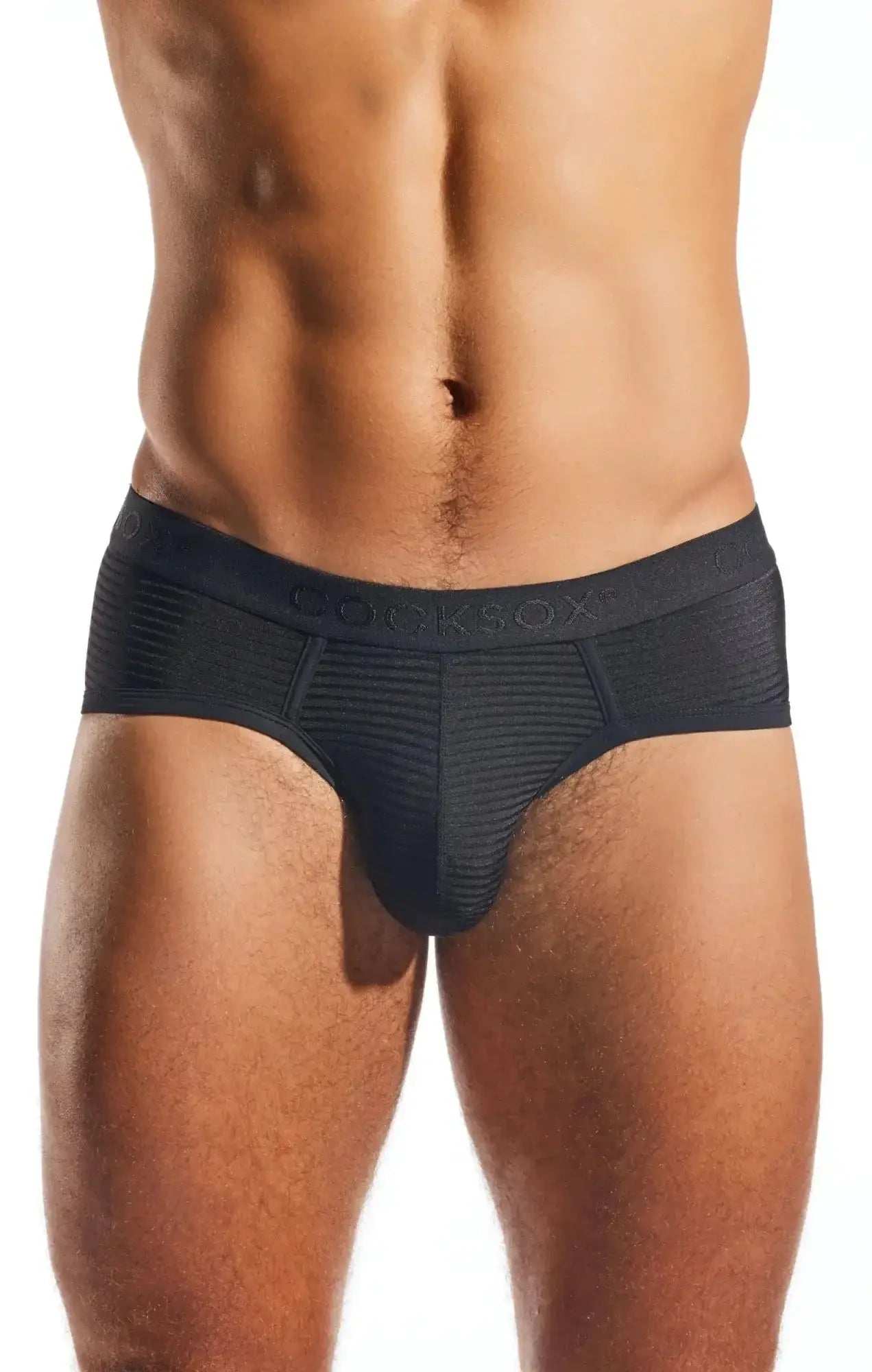 Black mens briefs with ribbed texture and corksox embroidered waistband cocksox cx76lux semi sheer sports brief