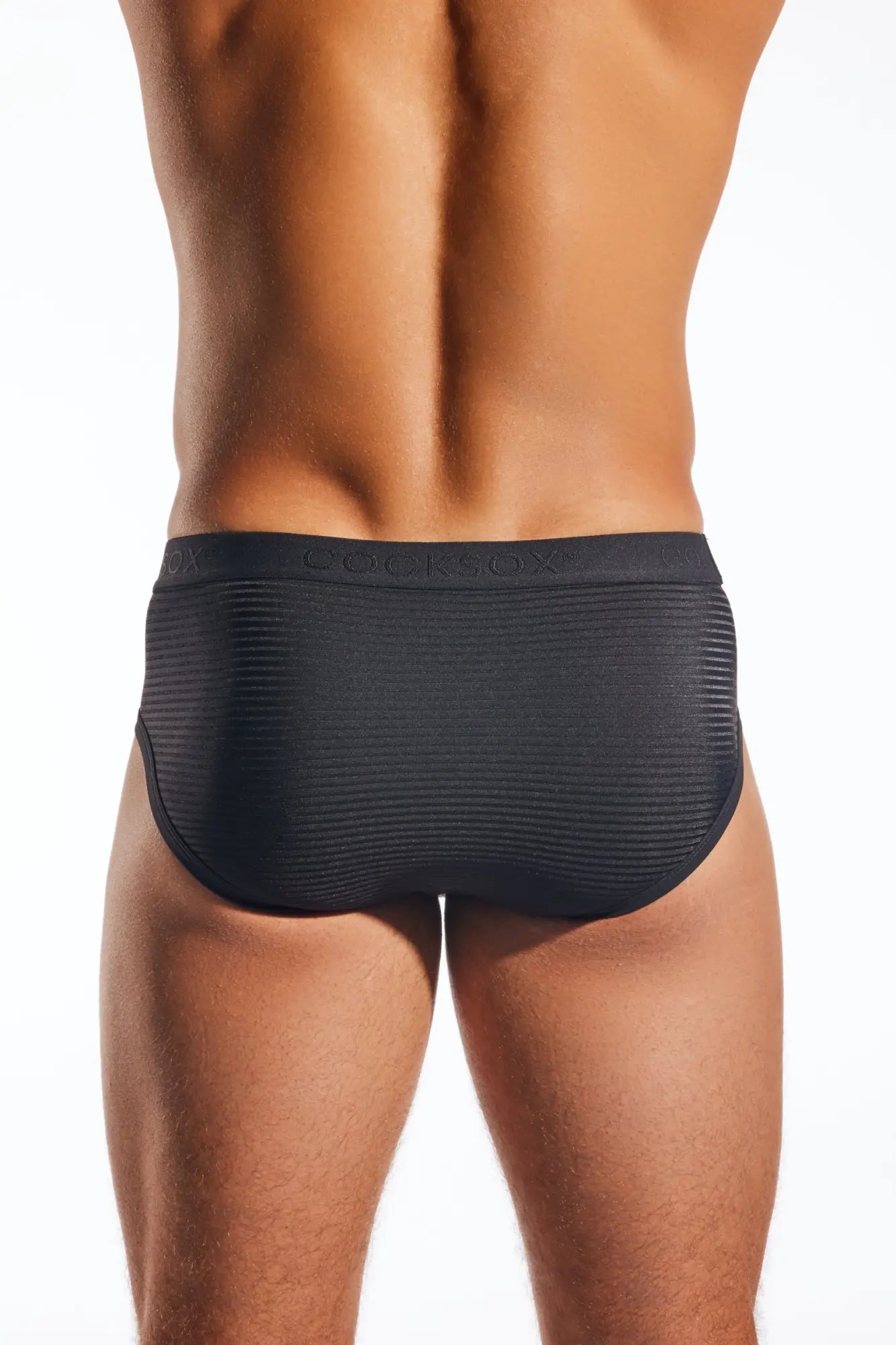 Black ribbed textured briefs with semi sheer fabric and bulkbox branded waistband cocksox cx76lux sports brief