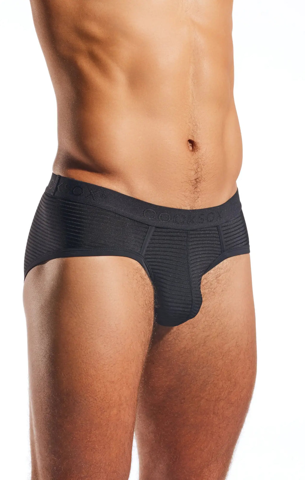 Black textured cocksox cx76lux semi-sheer sports brief with ribbed waistband and subtle branding