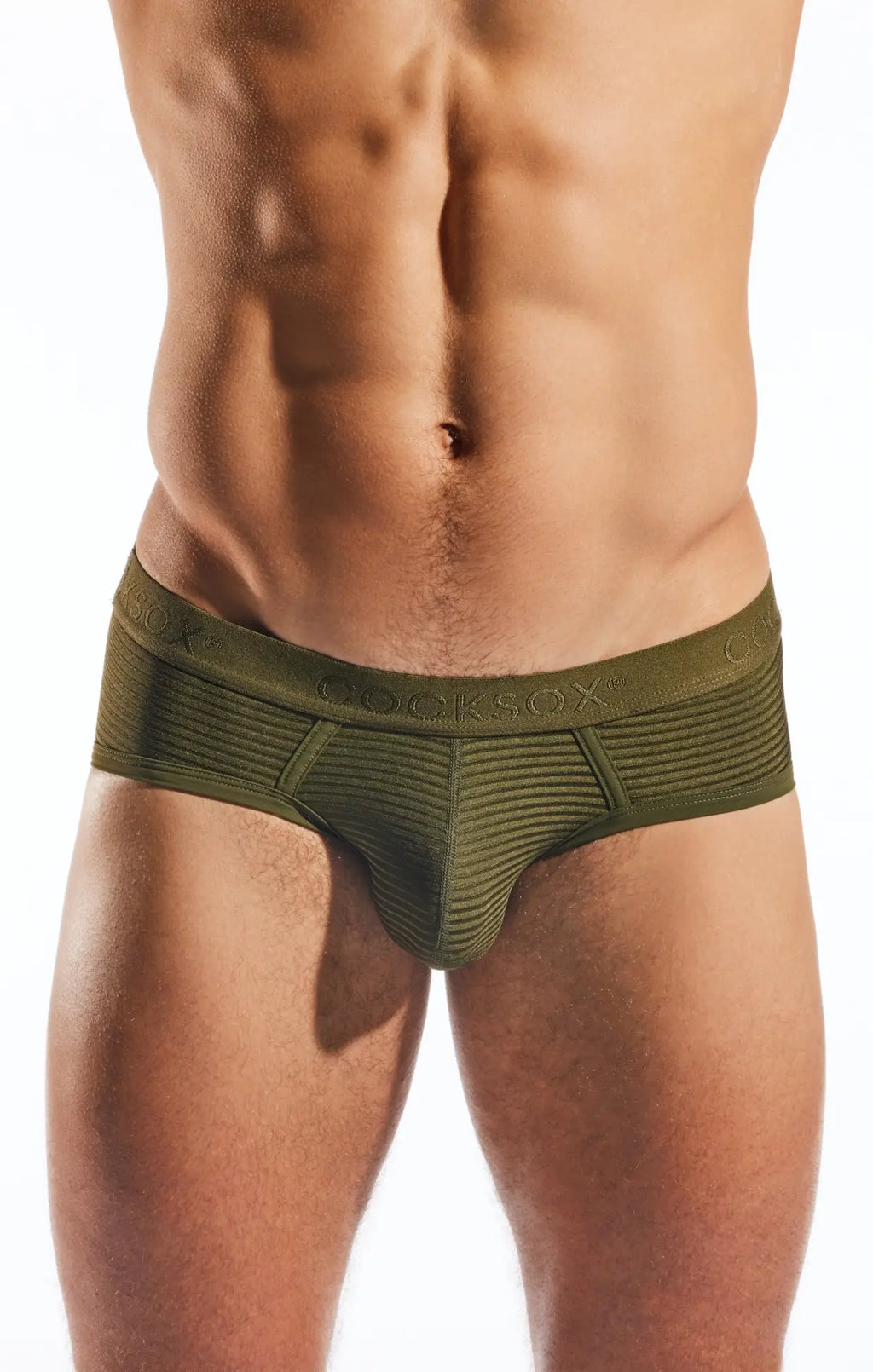 Olive green cocksox cx76lux semi sheer sports brief made of textured stretch fabric for men
