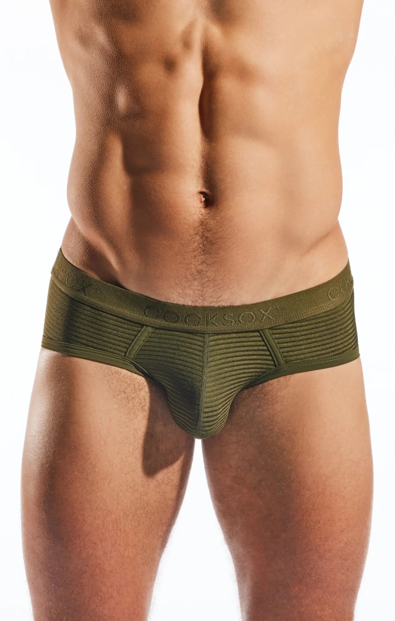 Olive green cocksox cx76lux semi sheer sports brief made of textured stretch fabric for men