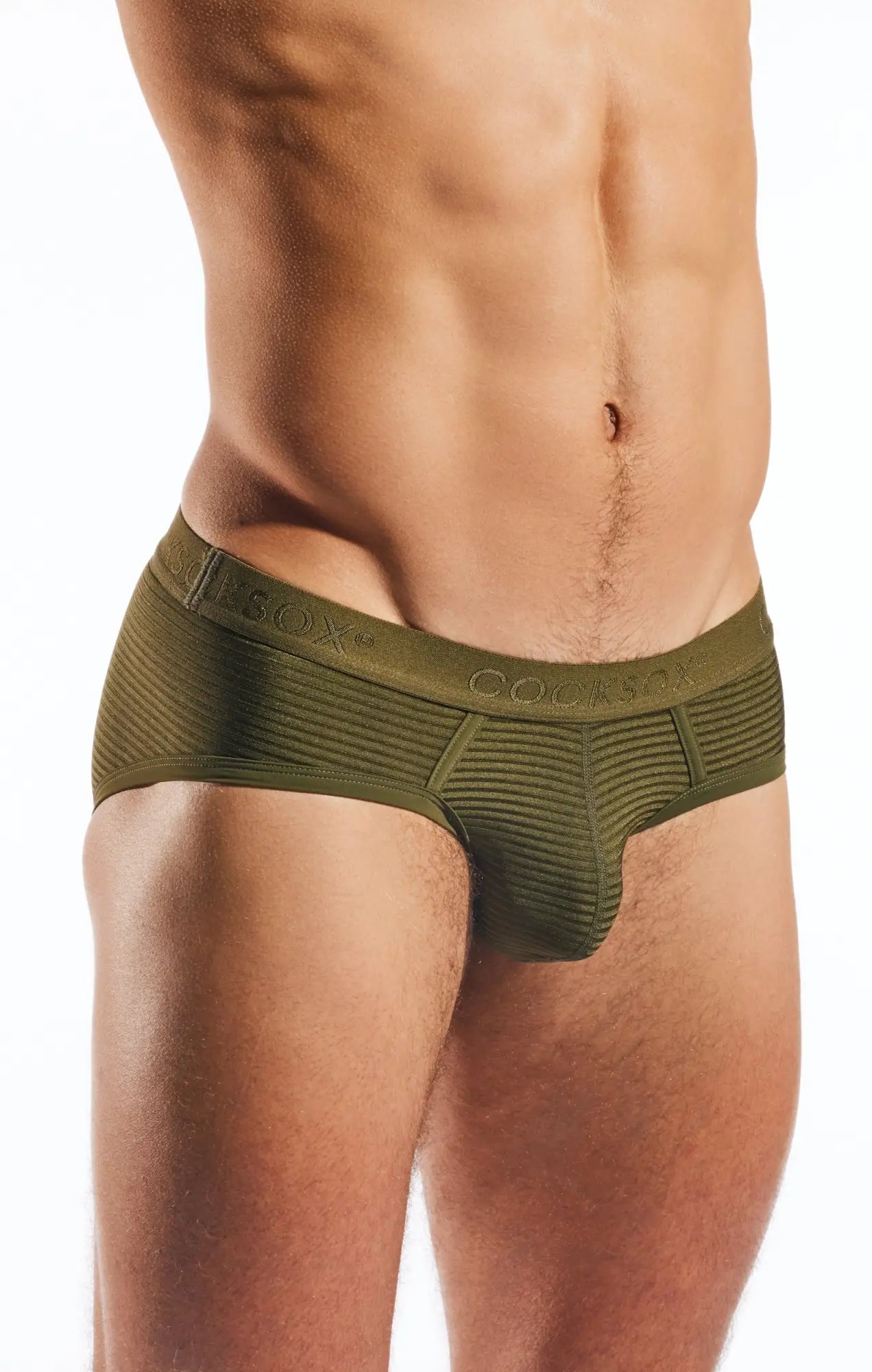 Cocksox cx76lux semi-sheer sports brief in olive green cocoon textured stretch fabric for men