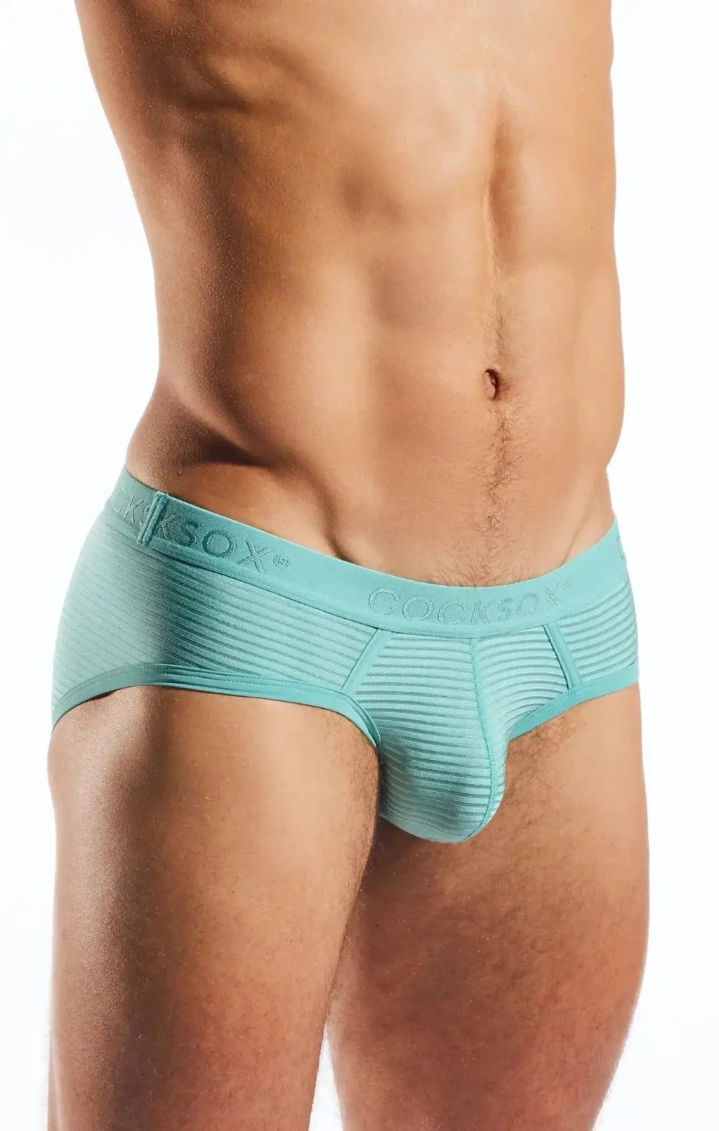 Teal ribbed cotton cocksox cx76lux semi sheer sports brief with branded waistband shown from the back side