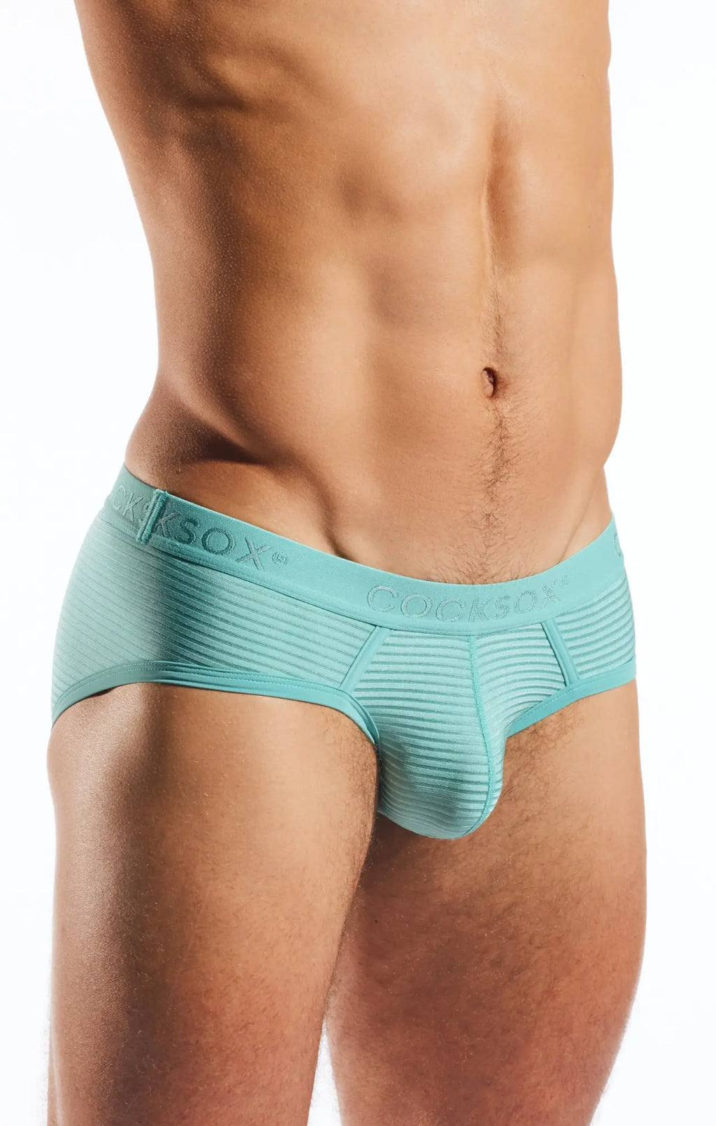 Teal ribbed cotton cocksox cx76lux semi sheer sports brief with branded waistband shown from the back side
