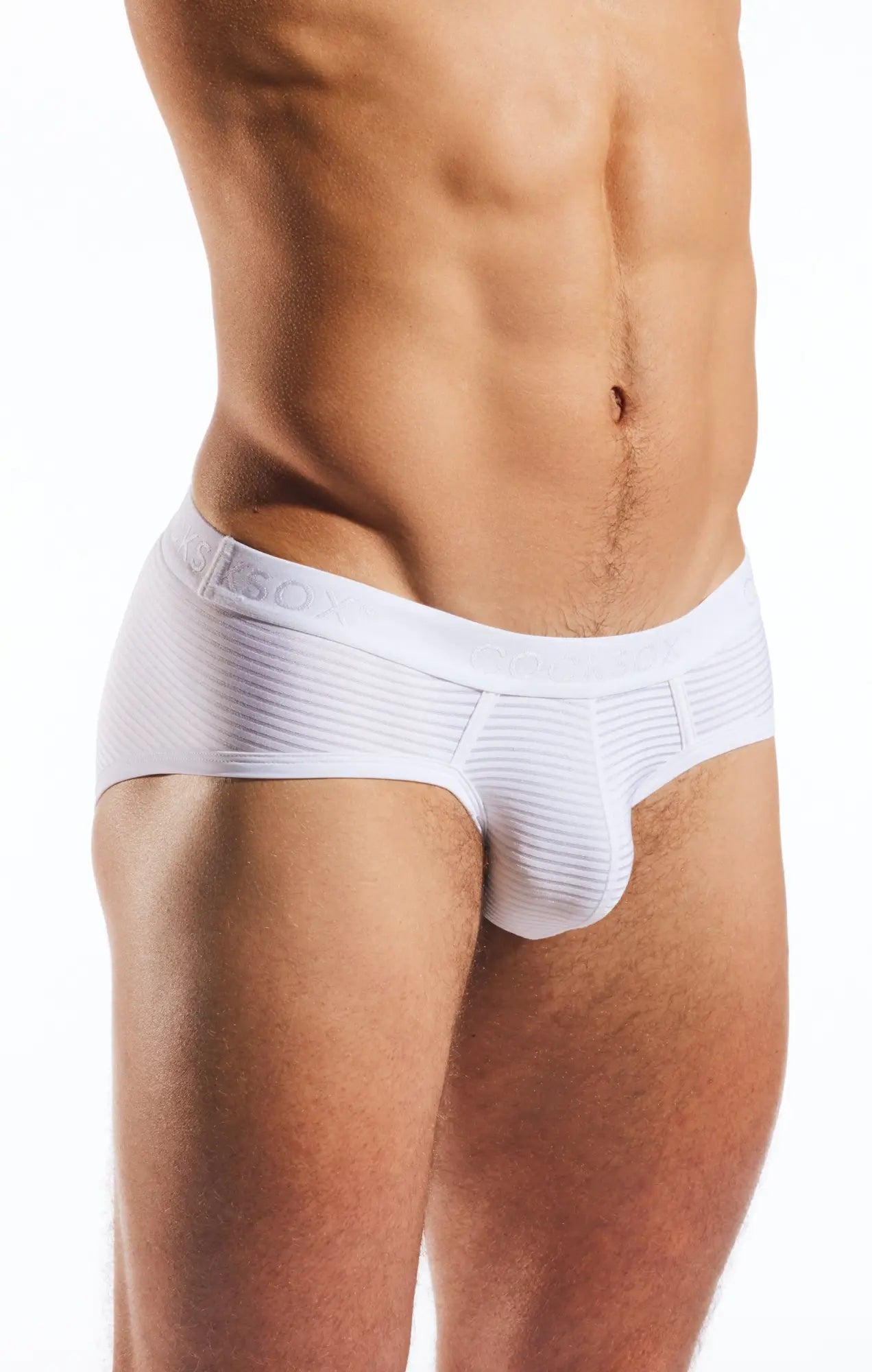 White men’s briefs cocksox cx76lux semi sheer sports brief with ribbed texture and cigar embossed waistband