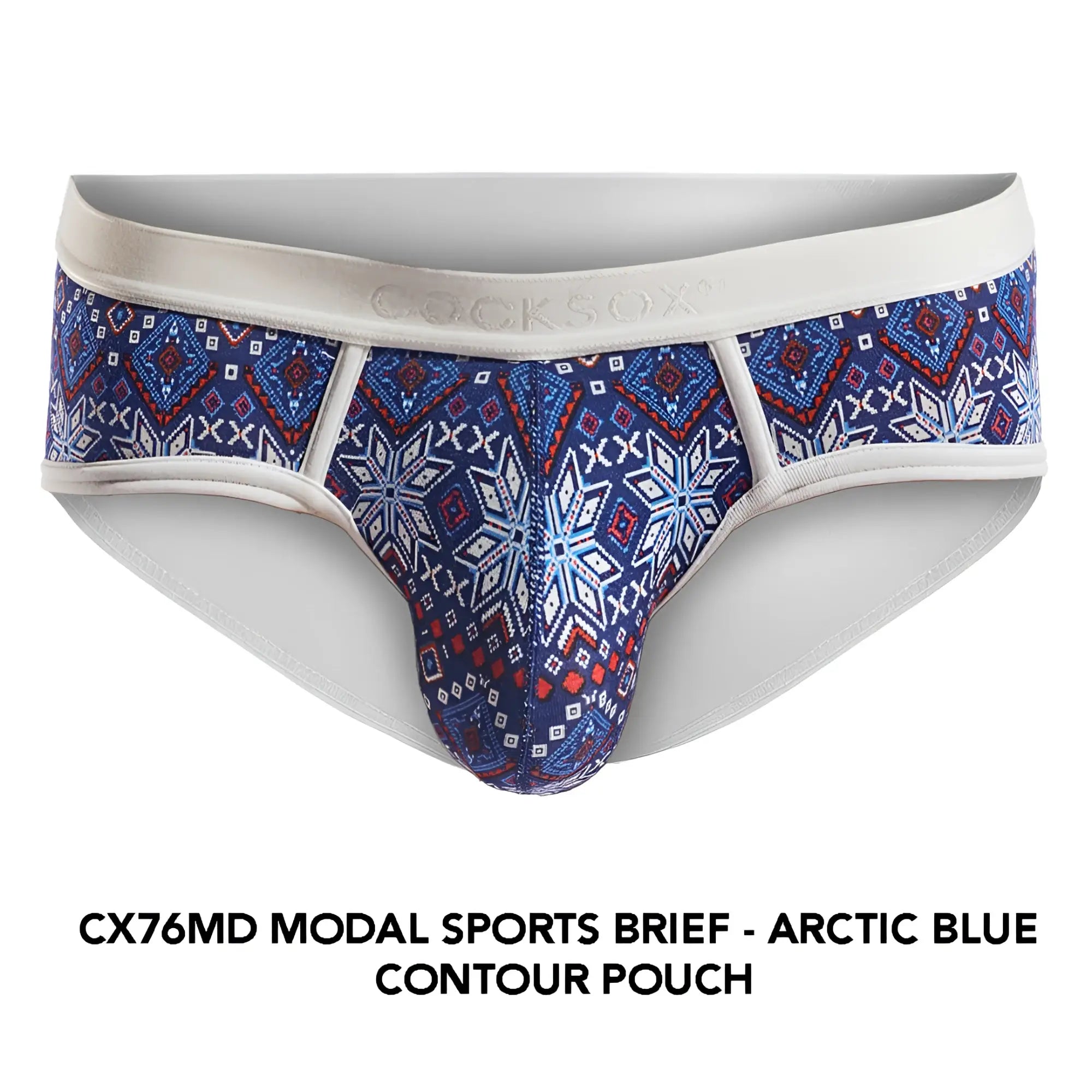 Arctic blue modal cocksox cx76md sports brief with white waistband and geometric red white navy snowflake pattern