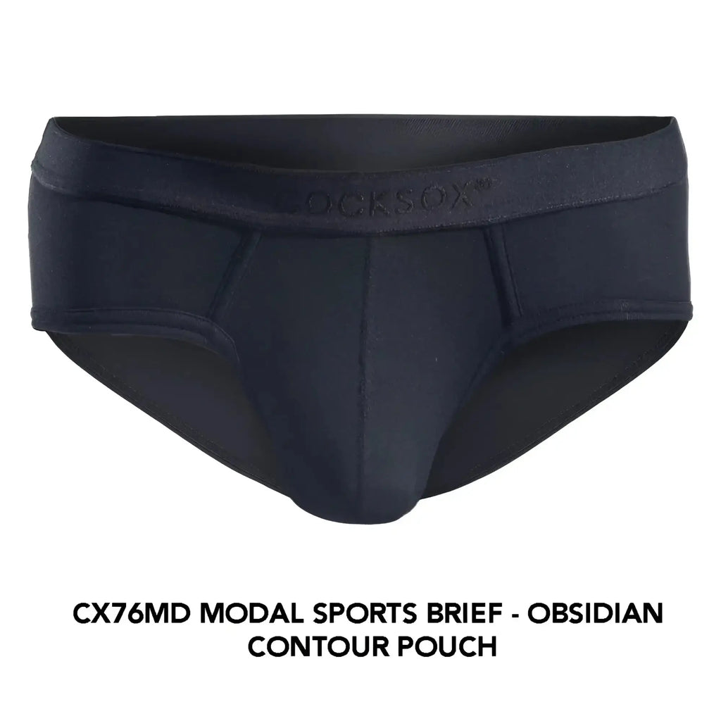 Black modal sports brief with obsidian contour pouch and Cocksox branded waistband for activewear use
