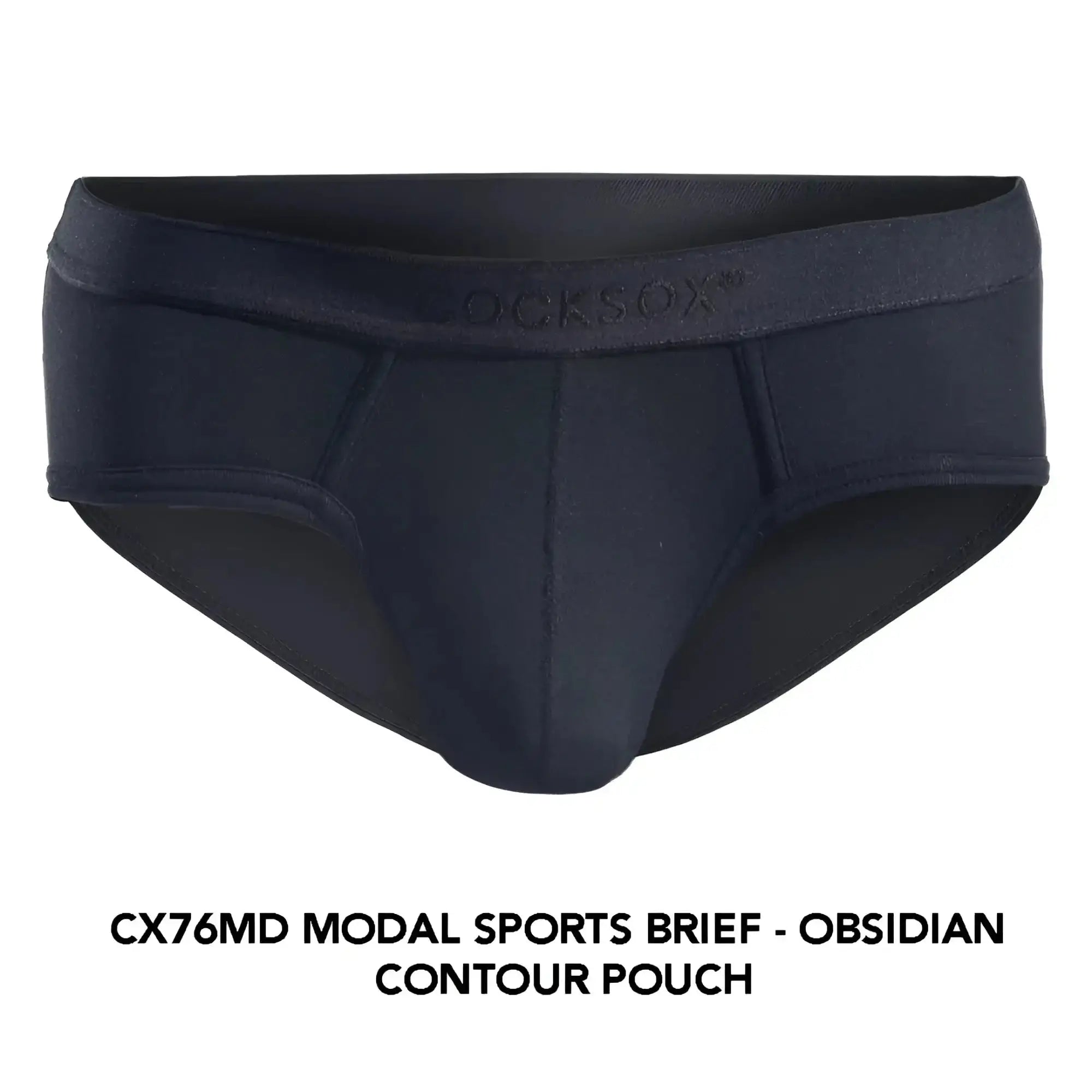 Black modal sports brief with obsidian contour pouch and Cocksox branded waistband for activewear use