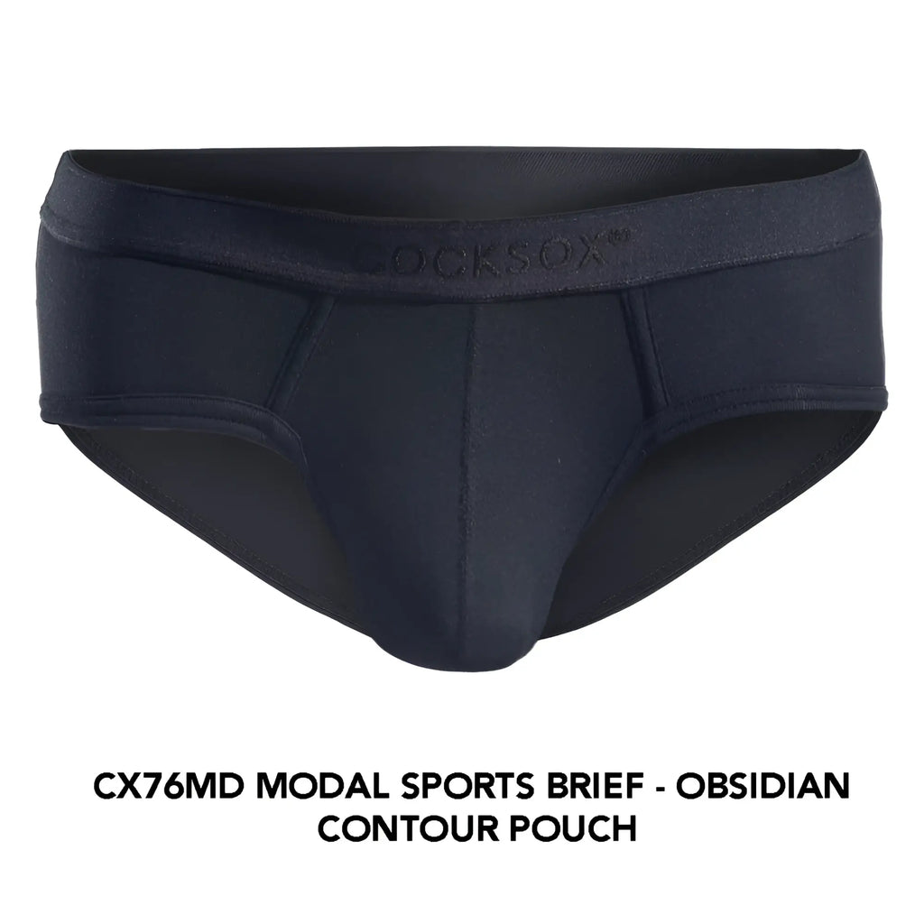 Black modal sports brief with obsidian contour pouch and Cocksox branded waistband for activewear use