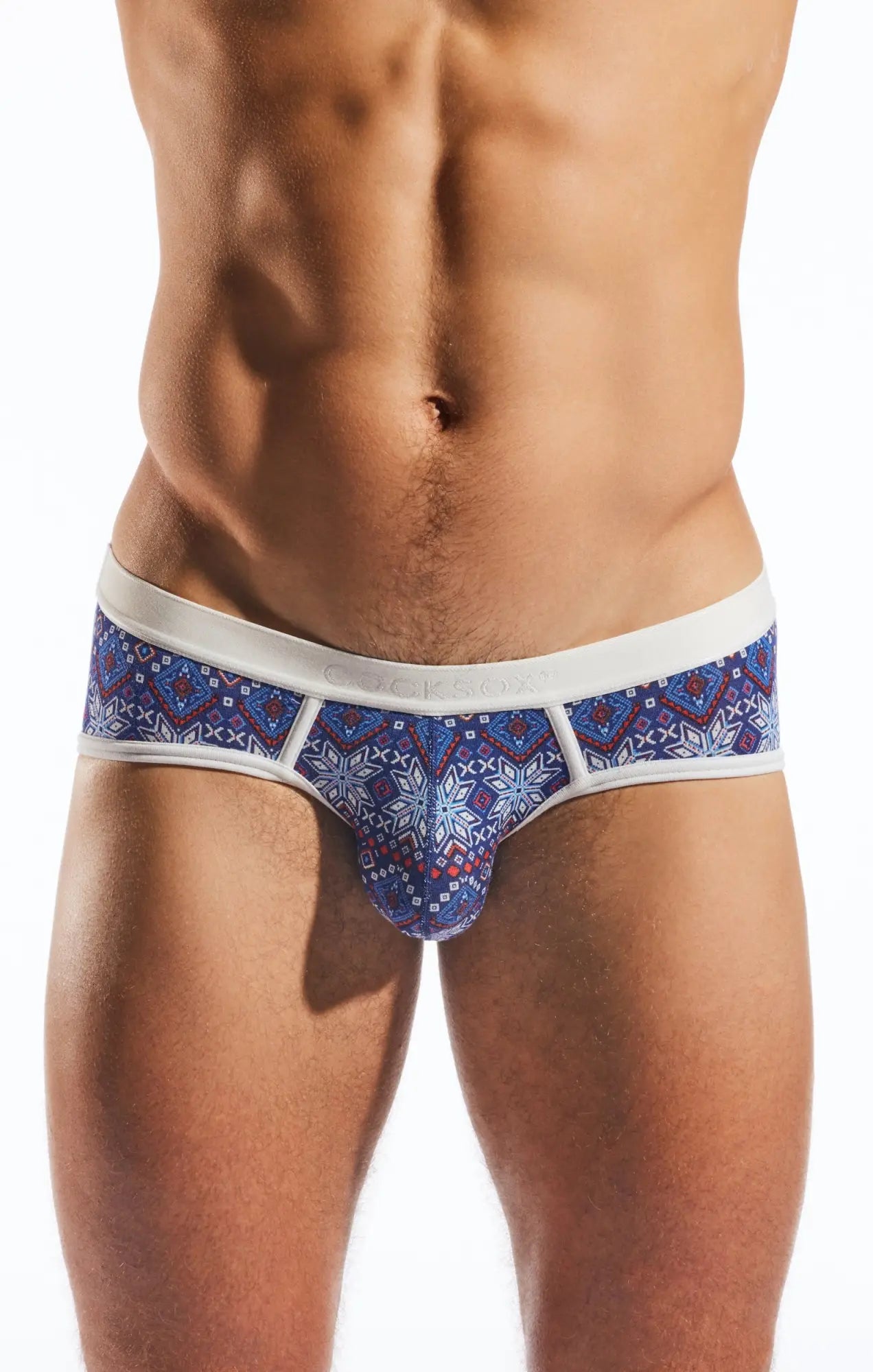 Blue patterned calvin klein briefs with white trim and geometric snowflake design in cocksox cx76md sports brief style