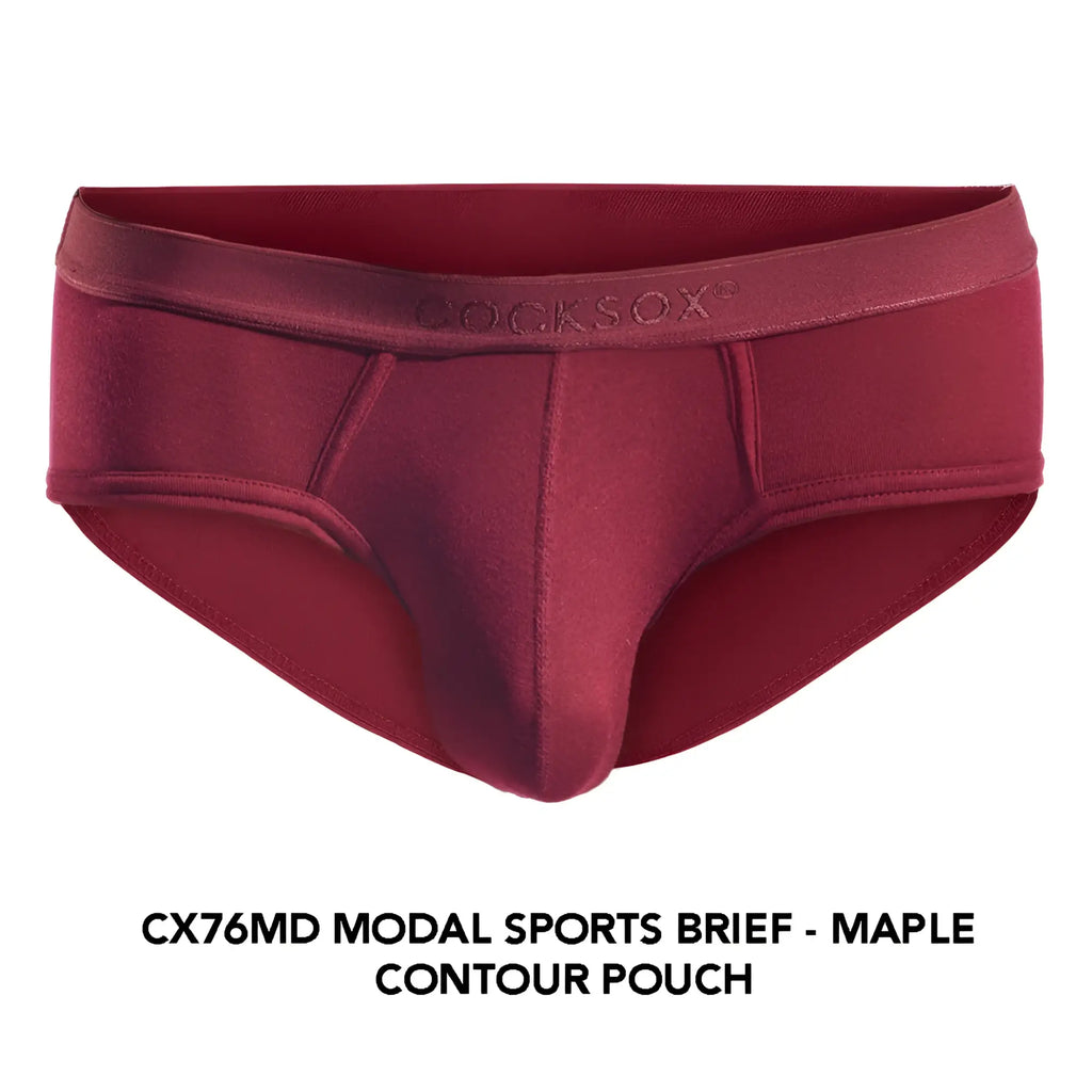 A deep red modal cocksox cx76md sports brief with a contoured pouch and embroidered waistband logo