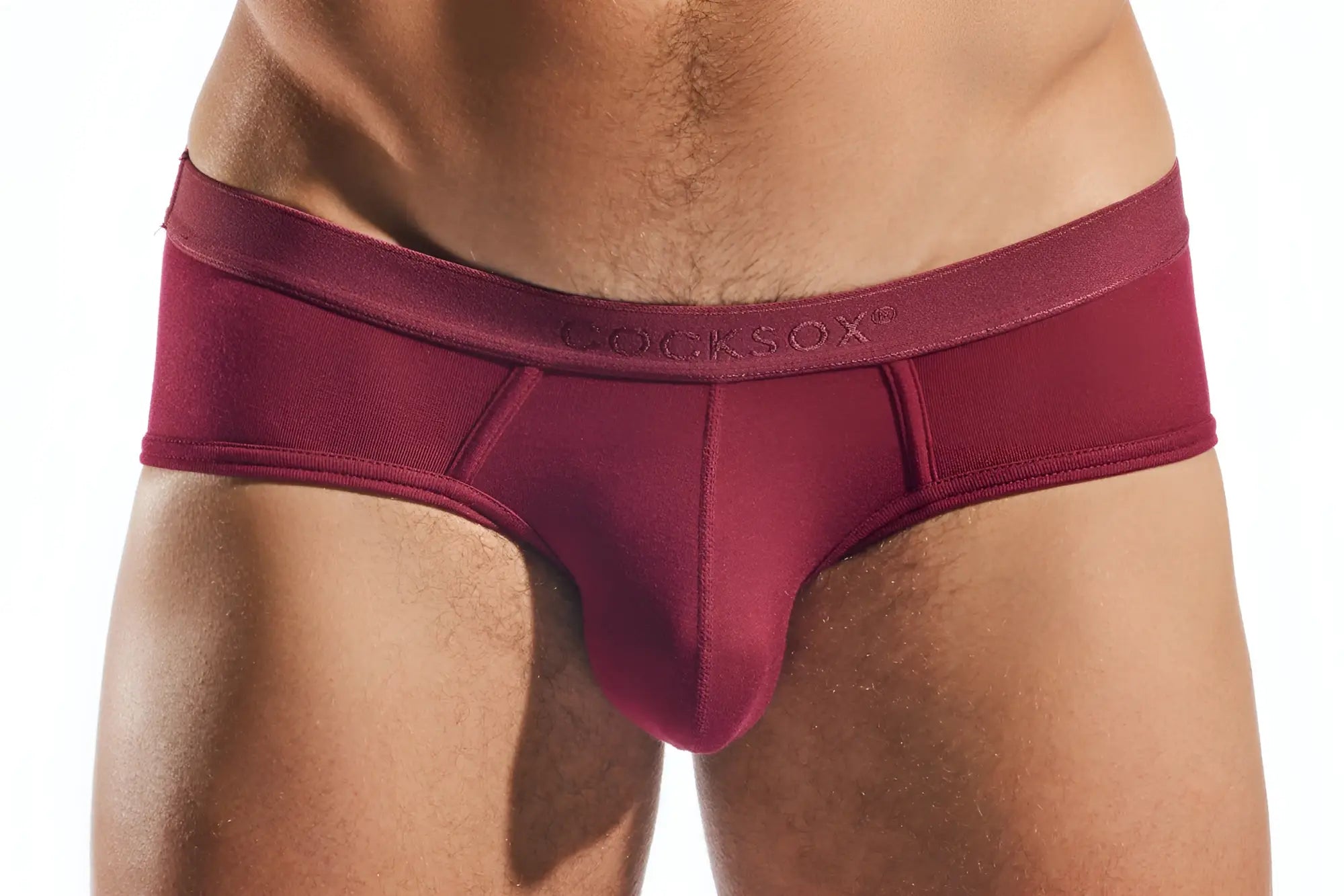 Maroon seamless mens briefs with contoured design and locksox embroidered waistband cocksox cx76md sports brief