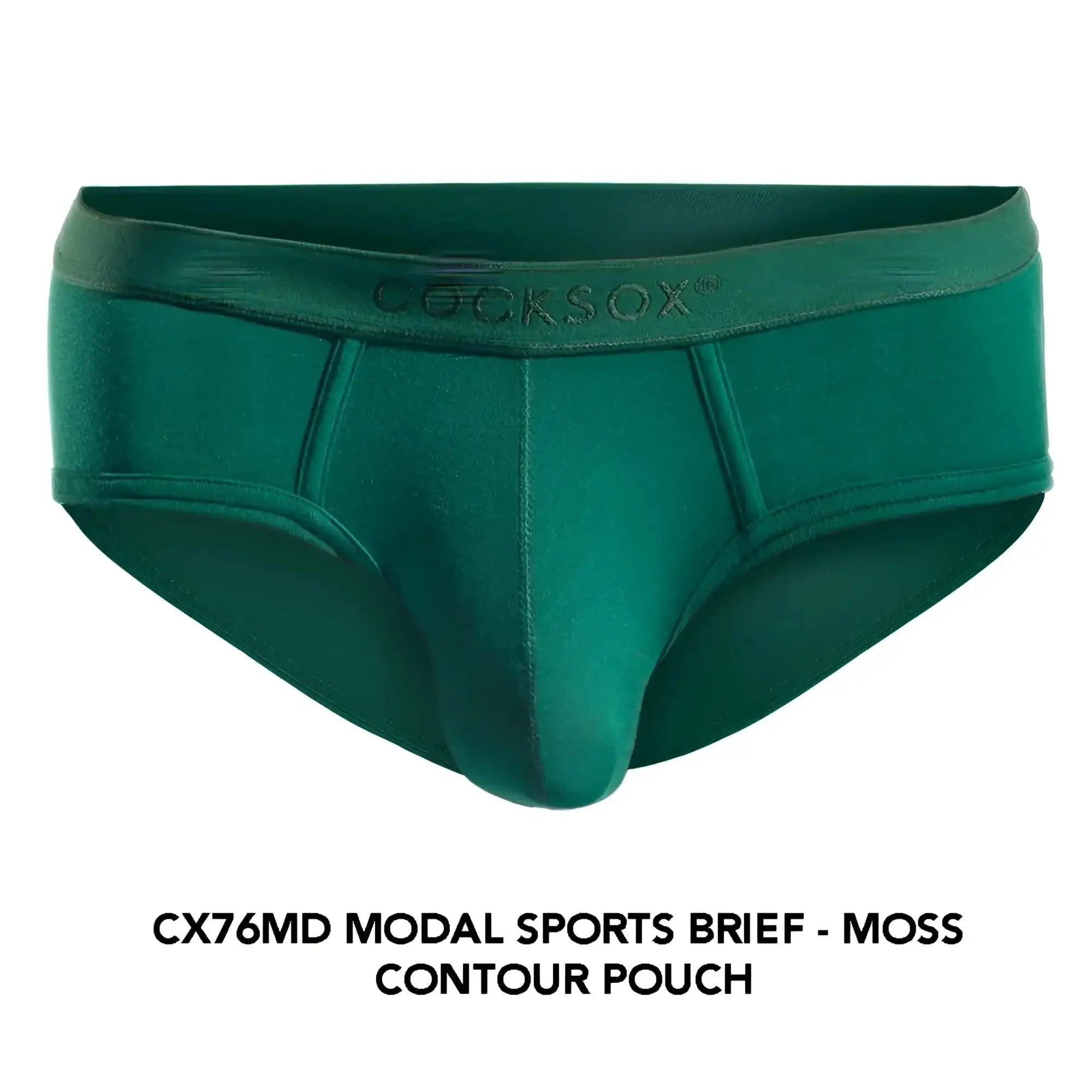 Moss green cocksox cx76md sports brief in modal fabric with contour pouch and embroidered brand name waistband