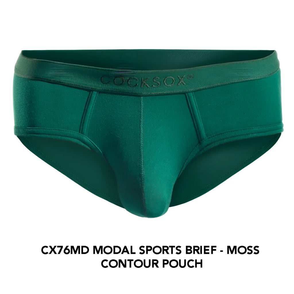 Moss green cocksox cx76md sports brief in modal fabric with contour pouch and embroidered brand name waistband