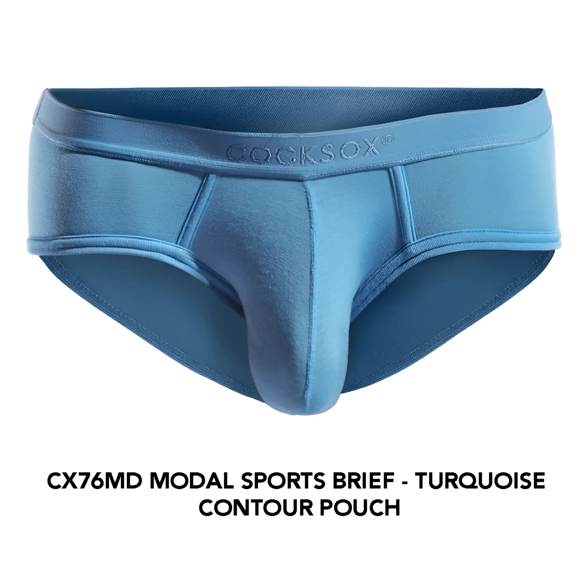 Turquoise modal sports brief with contour pouch and Cocksox branding on waistband cocksox CX76MD sports brief