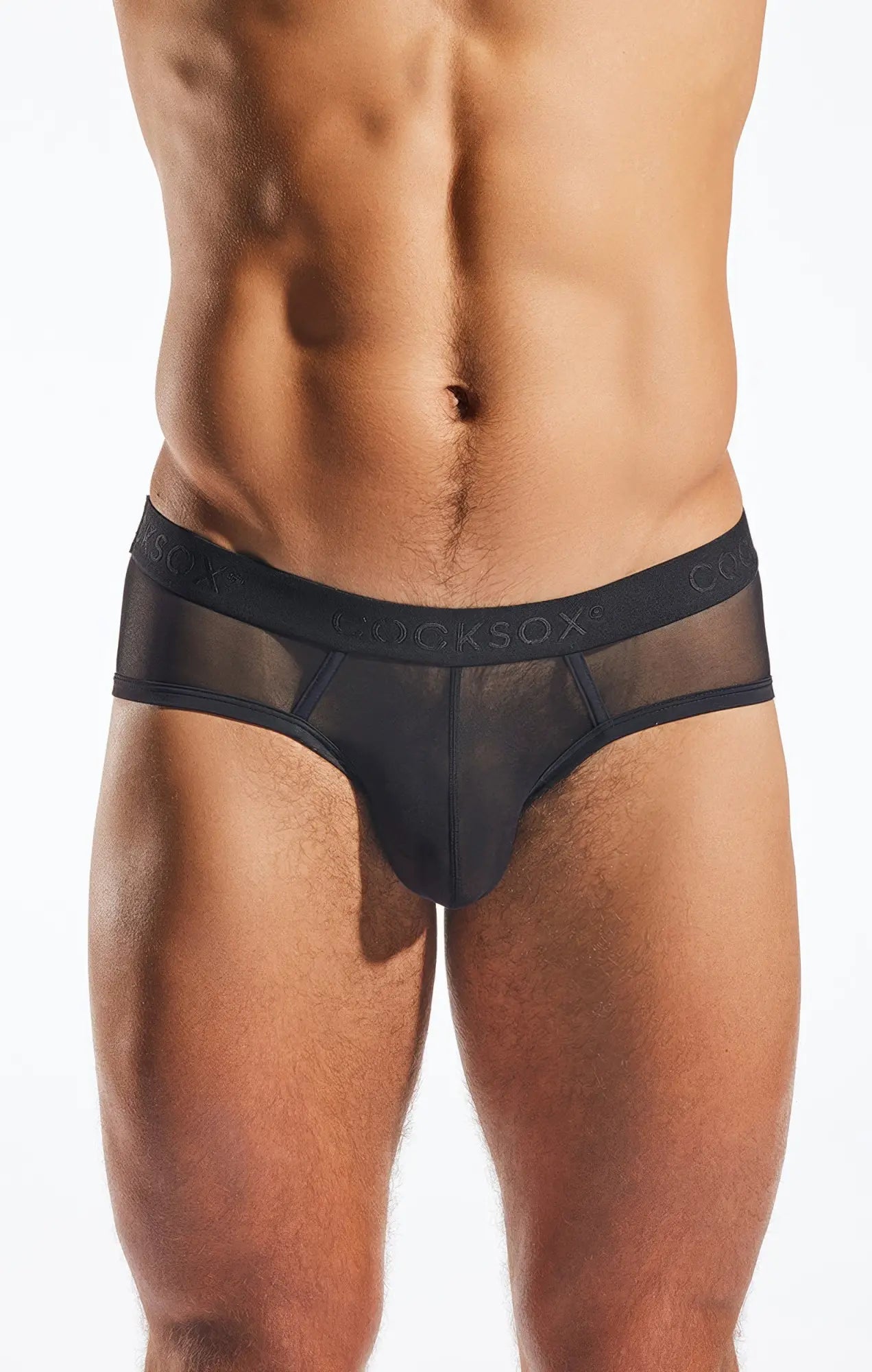 Black mesh briefs cocksox cx76me with branded waistband breathable sports underwear front view