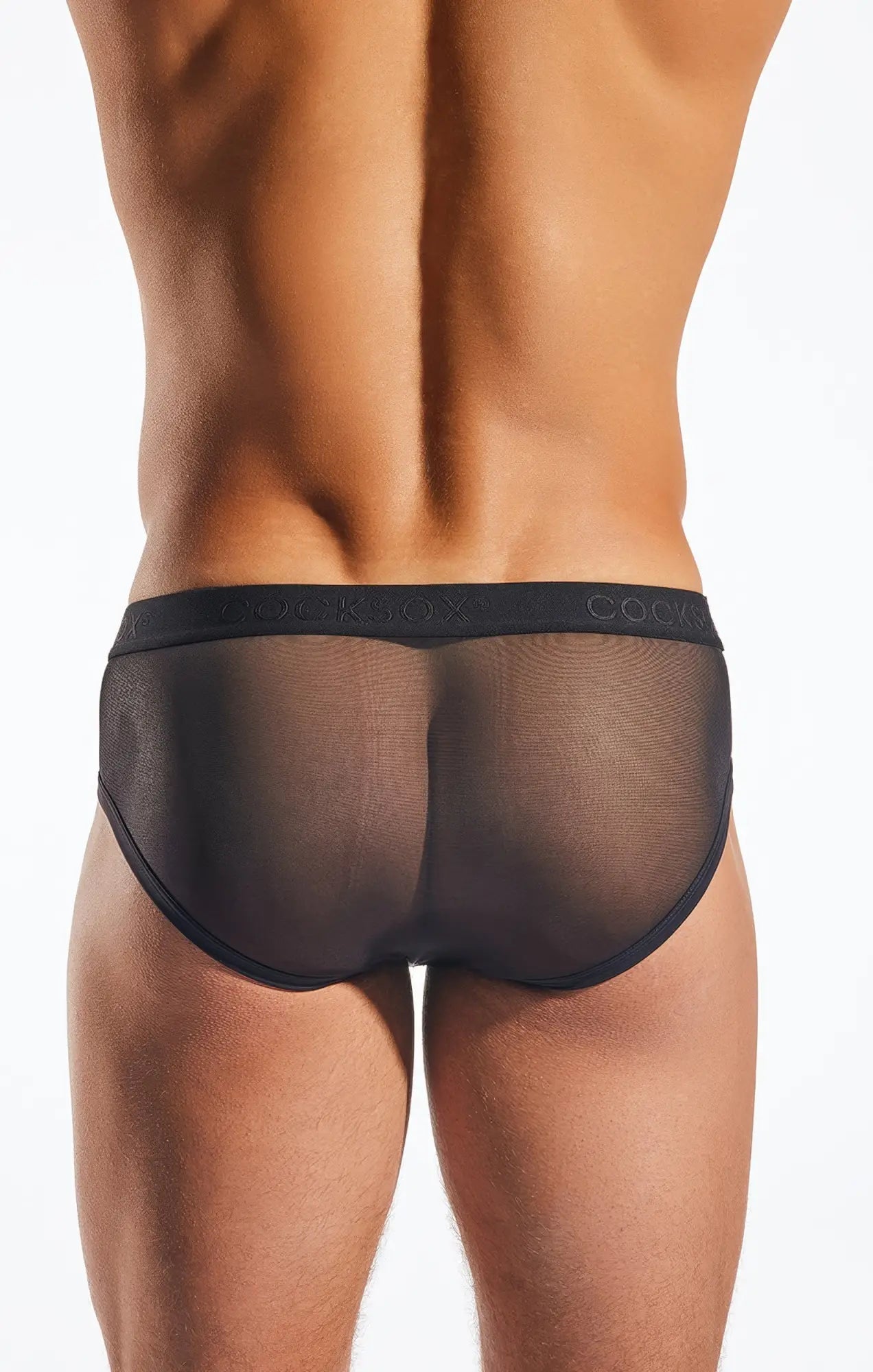 Black sheer mesh briefs with solid black waistband featuring cooz branding cocksox cx76me mesh sports brief