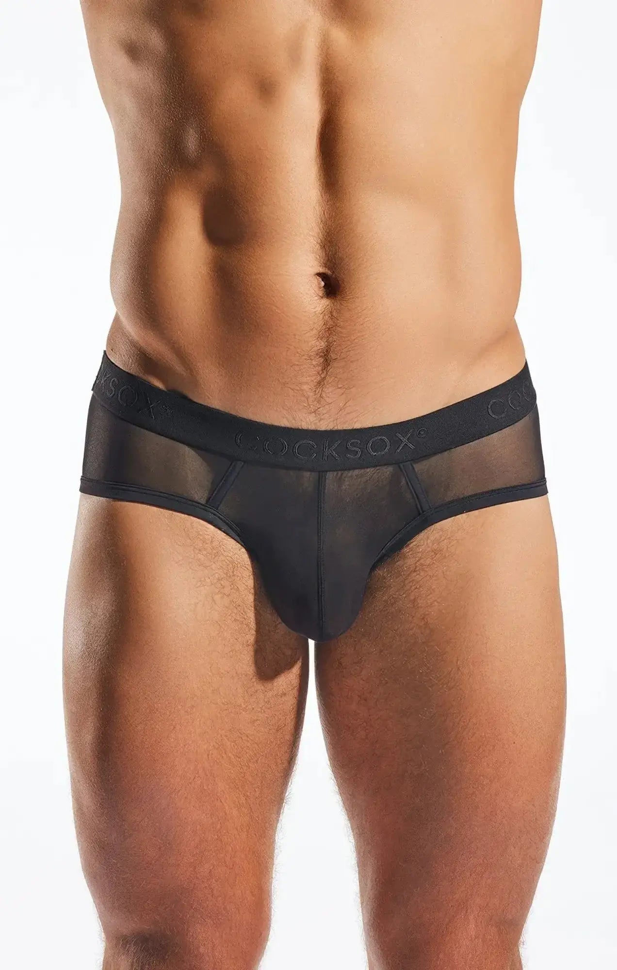 Black mesh briefs cocksox cx76me with branded waistband breathable sports underwear front view