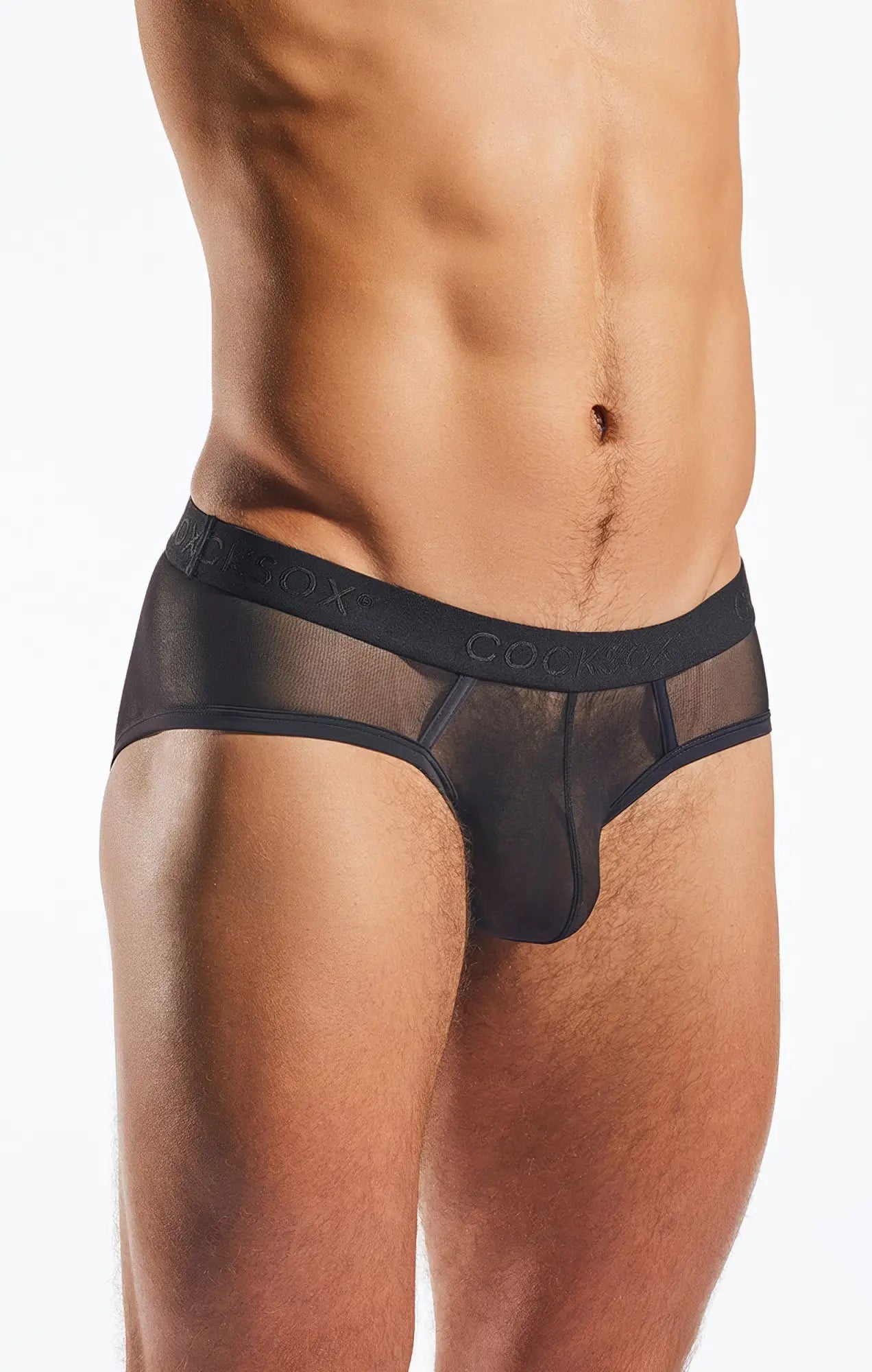 Black sheer mesh briefs with solid waistband featuring cockbox brand name in cocksox CX76ME mesh sports brief