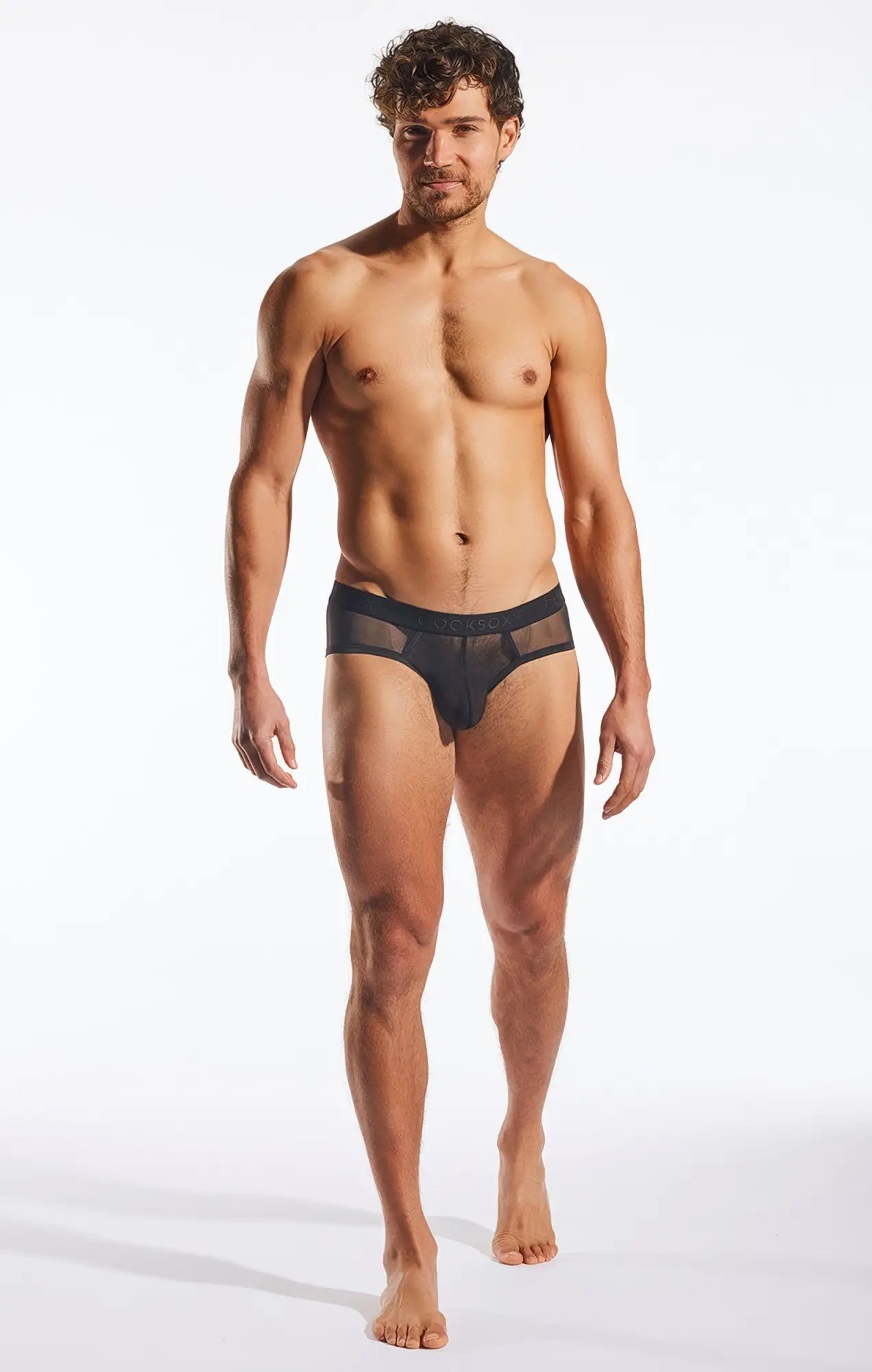 Black sheer mesh briefs with solid waistband cocksox cx76me mesh sports brief front view