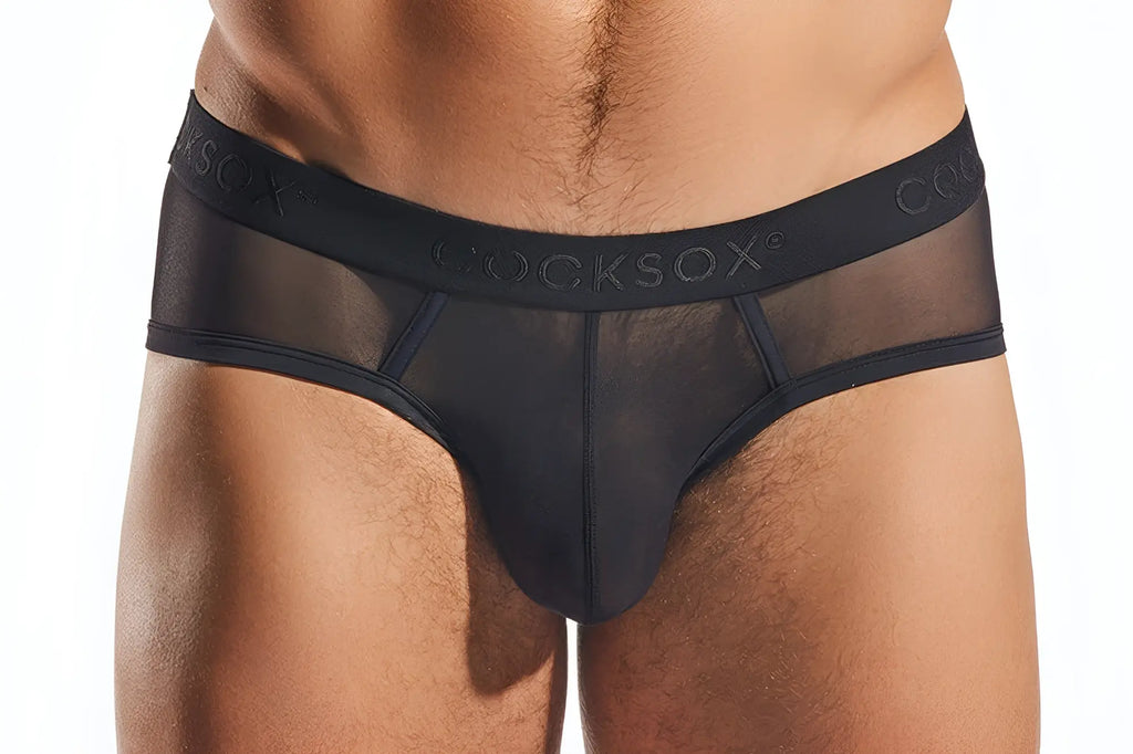 Black sheer mesh briefs with solid black waistband featuring cocksox brand name cocksox cx76me mesh sports brief