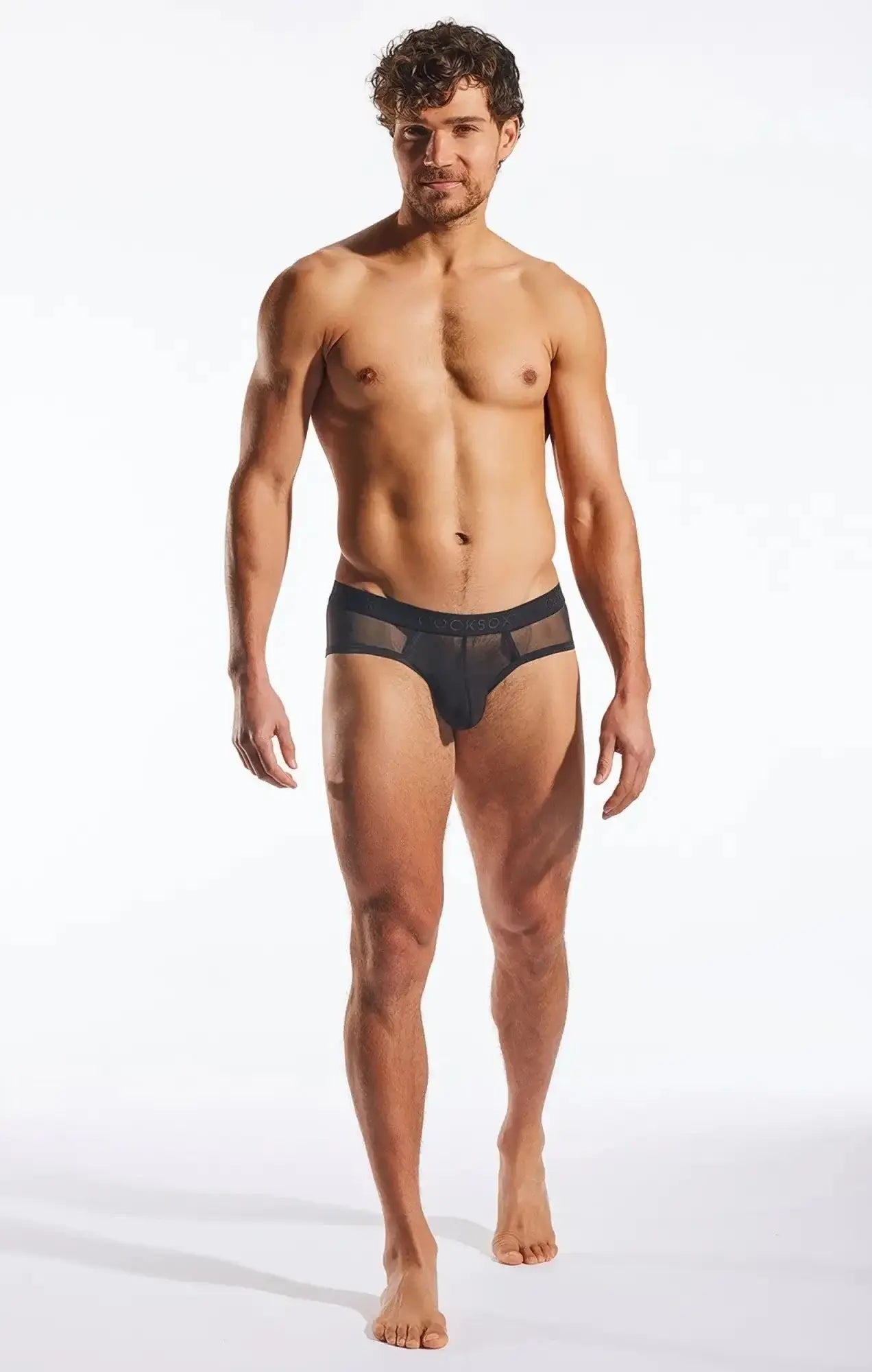 Black sheer mesh briefs with solid waistband cocksox cx76me mesh sports brief front view
