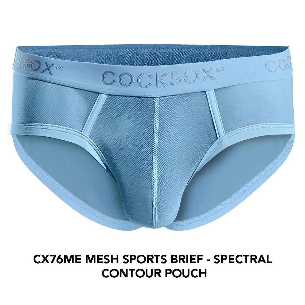 Light blue mesh sports brief with contoured pouch and cocksox branding on waistband for athletic use